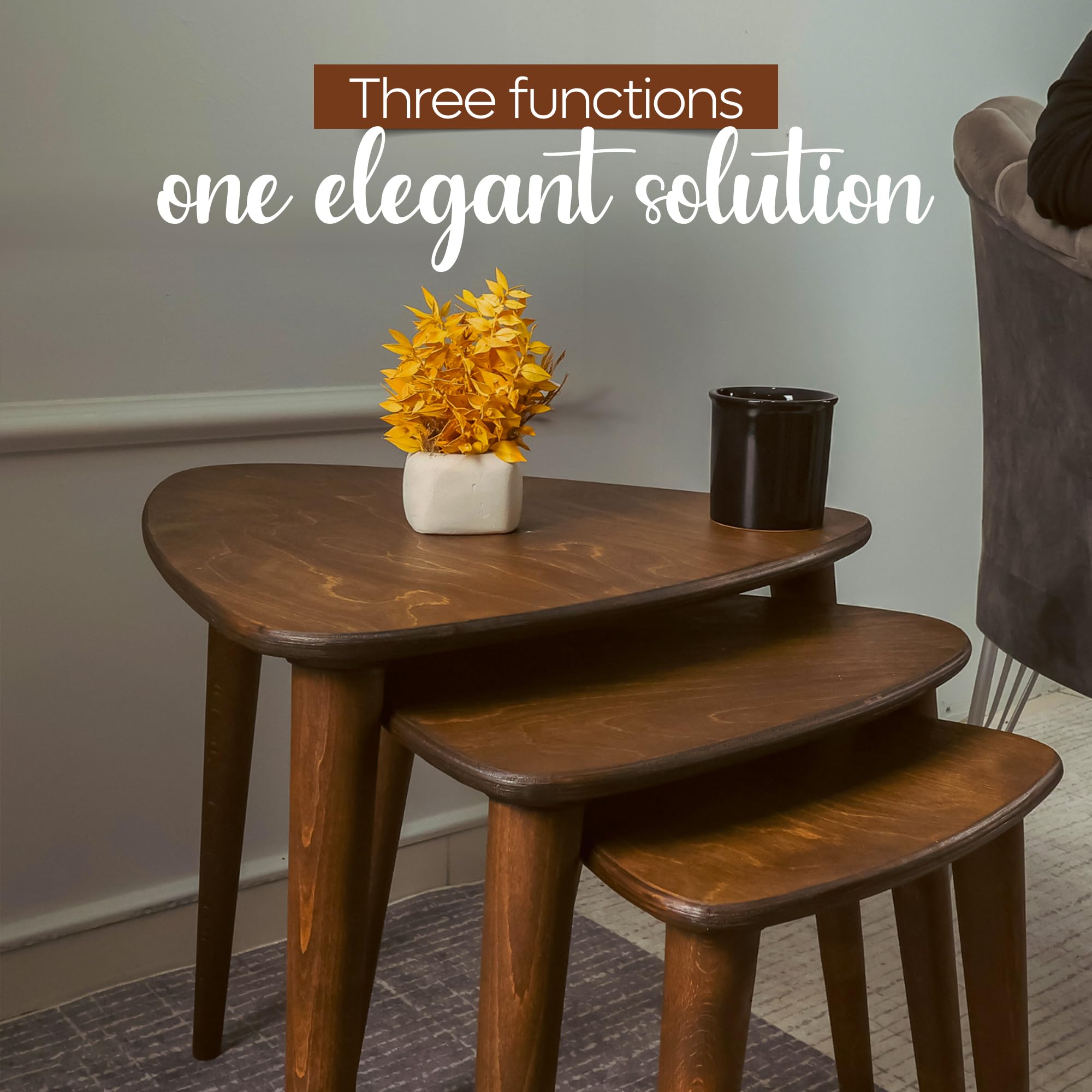 Solid Nesting Table Set of 3 - Mid Century Modern Birch Wood Coffee Tables with Tapered Legs, Handmade Farmhouse Side Tables for Living Room, Bedroom & Office - Portable Triangle Nesting Tables for Small Spaces