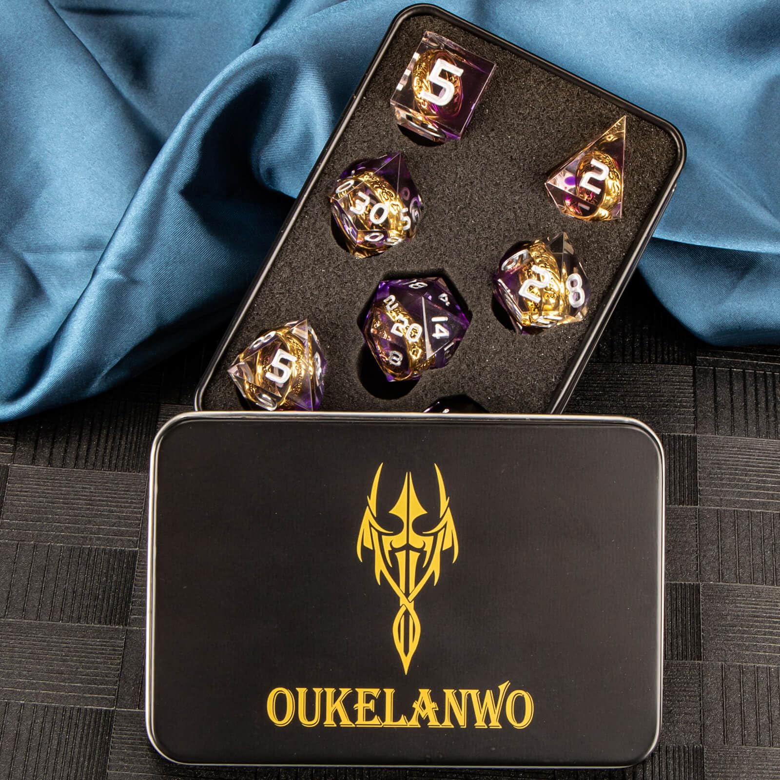 OUKELANWO Sharp Edge Resin D&D Dice Set with Gift Box - Purple Lord of The Rings Style Polyhedral RPG Dice for Dungeons & Dragons (D20, D12, D10, D8, D6, D4) - Perfect for Tabletop Gaming, Magic The Gathering, and Fantasy Role-Playing Adventures