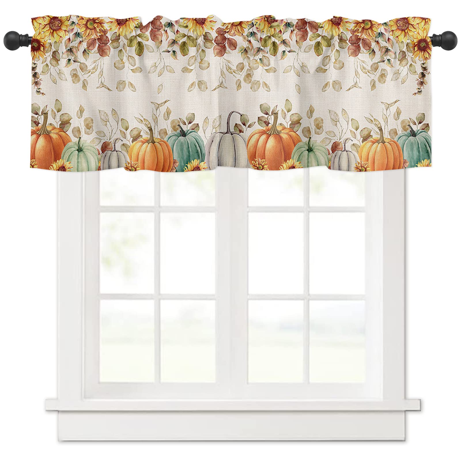 Fall Eucalyptus Leaves Window Valance - Blue Grey Pumpkin Farmhouse Curtain for Living Room, Kitchen & Bathroom - Thanksgiving Sunflower Floral Short Rod Pocket Window Treatment (54x18) - Perfect for Autumn Decor, Seasonal Home Styling and Holiday Gatherings