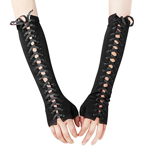 Elegant Black Opera Long Satin Ribbon Gloves - Fingerless Gloves for Halloween Costume, Wedding, Cosplay & Vintage Fashion - Perfect for Evening Events, Themed Parties & Photo Shoots