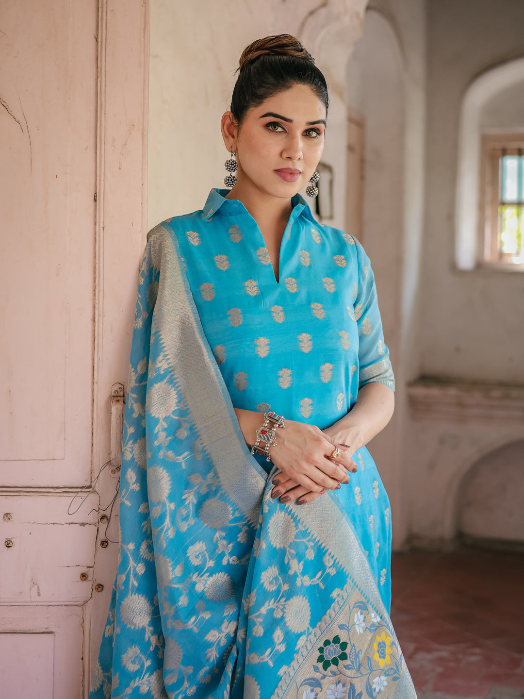 Stylish Blue Designer Pant Suit with Wevon Pattern - Perfect for Office Wear, Business Meetings & Formal Events