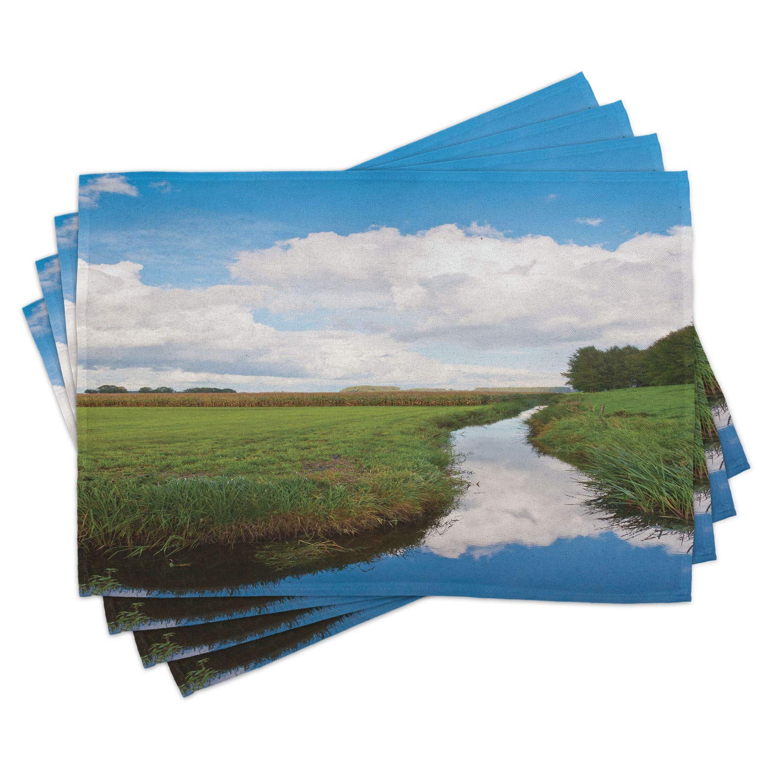 Ambesonne 4-Pack Landscape Place Mats - Reflective Calm River Scenery with Meadow, Clouds & Wildflowers - Washable Fabric Table Mats for Dining Room & Kitchen Decor (Green/Blue/White) - Perfect for Dinner Parties, Family Gatherings & Everyday Meals