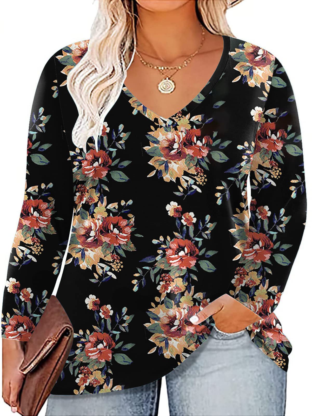 ROSRISS Women's Plus Size Long Sleeve V-Neck Tunic Tops - Solid Color Blouses & Casual Tees for Work, Office & Everyday Wear