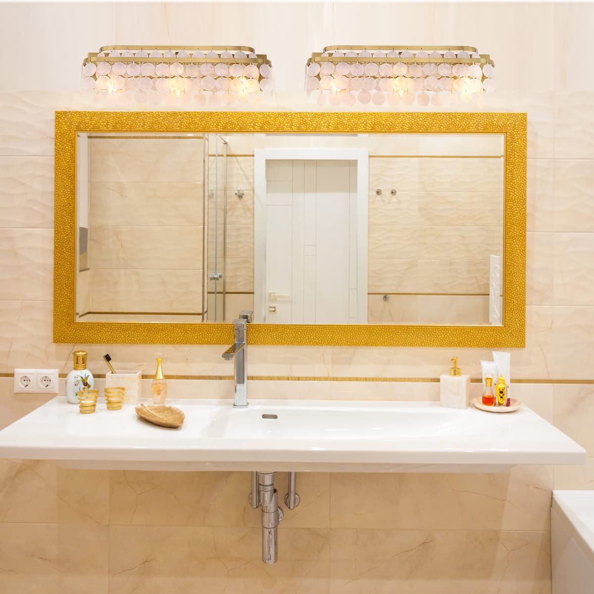 TOCHIC 3-Light Vanity Mirror Light with Natural Capiz Shell Shade, Brushed Gold Dimmable Bathroom Lighting Fixture - Modern Wall Sconce for Makeup Vanity, Powder Room, Bedroom & Living Room (23 Inch Wide) | Perfect for Soft Ambient Lighting & Elegant Home Decor