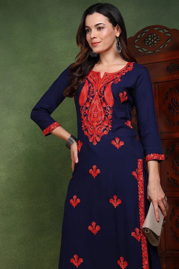 Elegant Dark Blue Chikankari Kurti for Women | Traditional Indian Embroidered Tunic Top | Perfect for Festivals, Weddings & Casual Wear