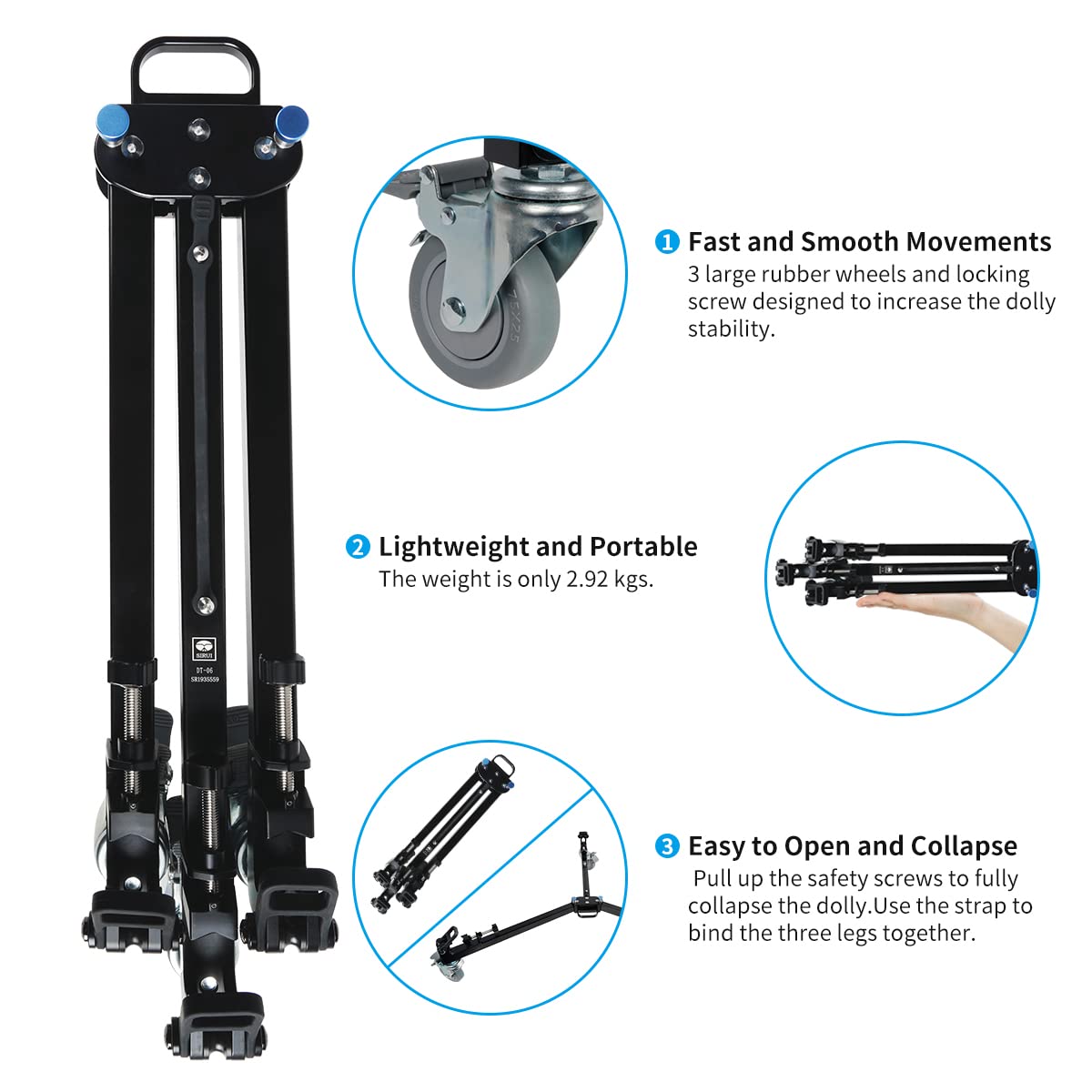SIRUI DT-06 Professional Video Tripod Dolly - Heavy Duty Smooth Motion Camera Tripod with Wheels for DSLR Camcorder & Lighting Equipment | Perfect for Film Production, Live Streaming & Studio Photography