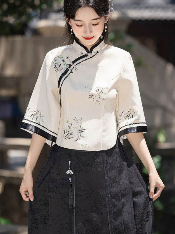Floral Print Bell Sleeve Cheongsam Blouse - Vintage Chinese Style Women's Tops for Party, Wedding & Special Occasions