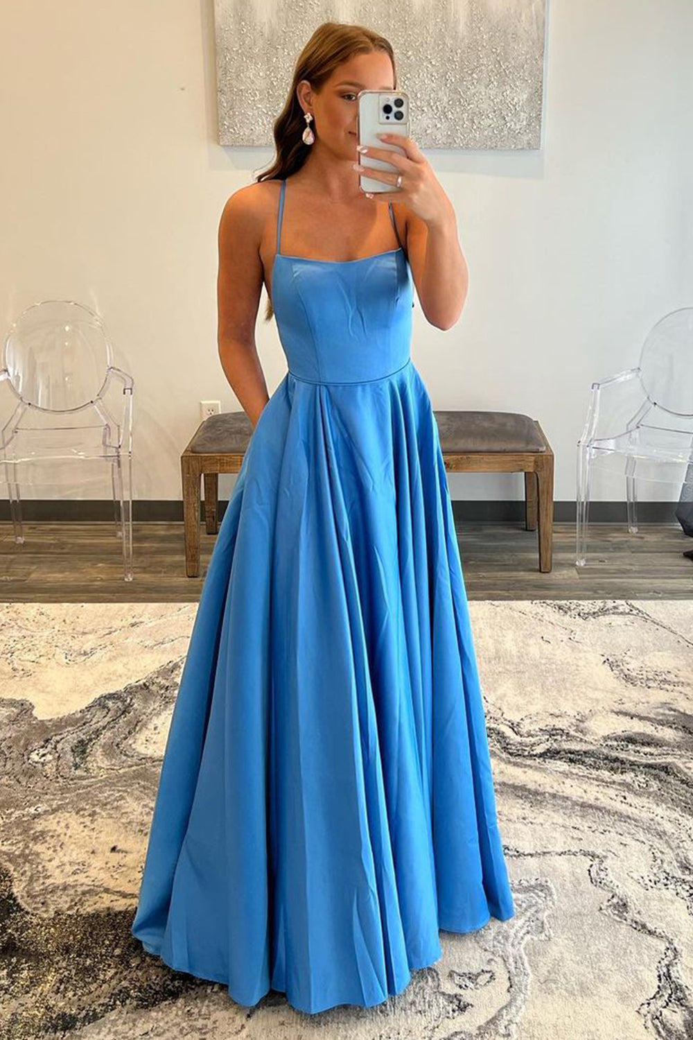 Elegant A-Line Spaghetti Strap Prom Dress in Blue with Pockets - TP1246 | Perfect for Homecoming, Formal Dances & Special Occasions