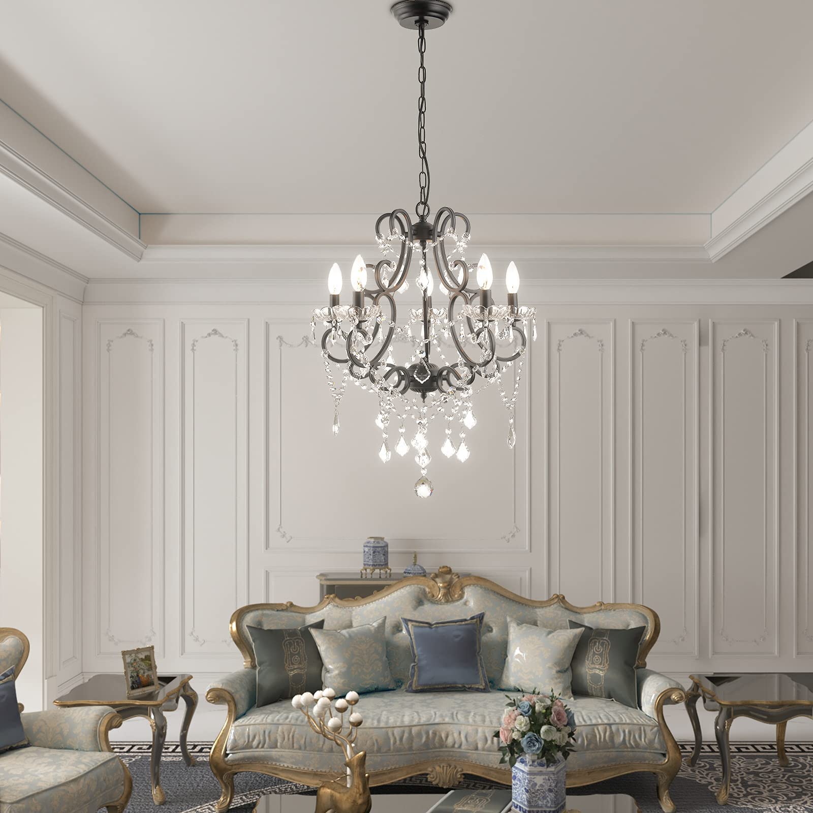Maxax 5-Light Modern K9 Crystal Chandelier - Elegant Raindrop Candelabra Pendant Ceiling Lamp for Dining Room & Living Room Lighting | Black Finish | Perfect for Home Decor, Wedding Venues & Luxury Interior Design