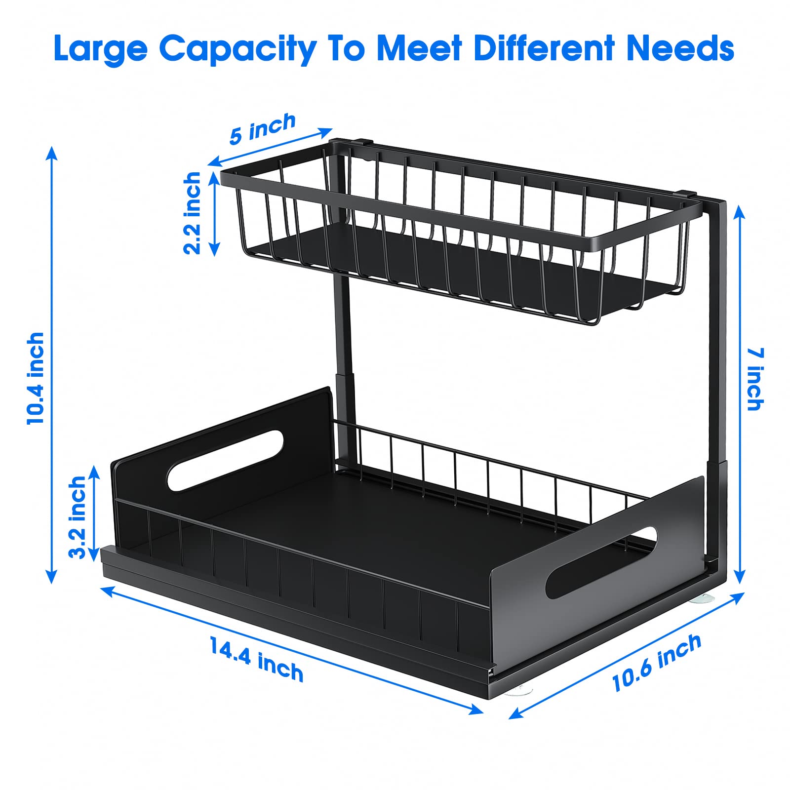 2-Tier Sliding Cabinet Basket Organizer - Under Sink Storage Drawer for Kitchen & Bathroom | Pull-Out Organizer for Sponges, Cleaners & Toiletries | Space-Saving Black Shelf (Perfect for Small Spaces & Clutter Control)