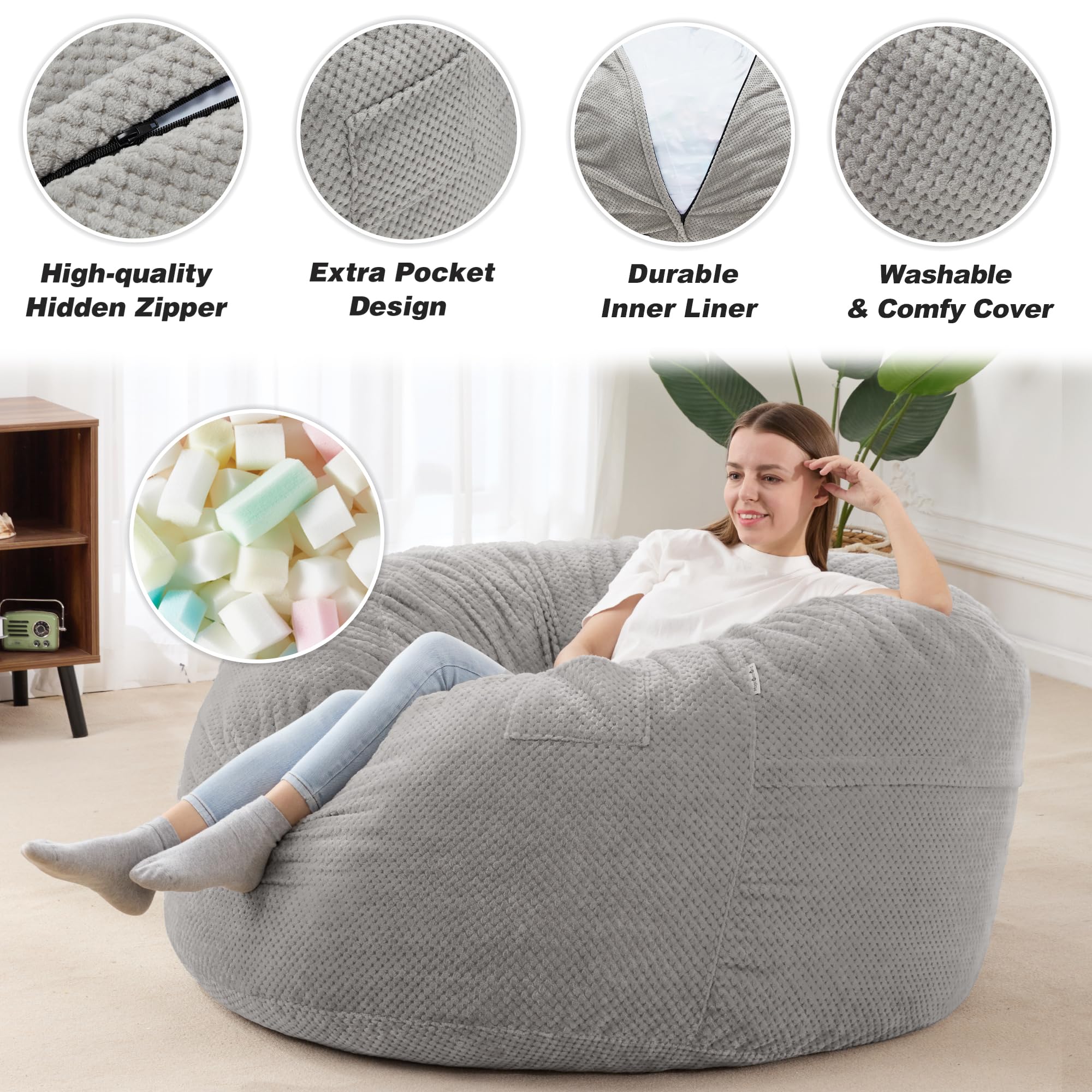 HABUTWAY Giant Chenille Bean Bag Chair - Ultra Soft Washable Cover, Convertible from Chair to Mattress - Large Comfortable Bean Bag for Adults, Couples & Family (Grey Queen) - Perfect for Living Room, Bedroom, Game Room & Home Theater Relaxation