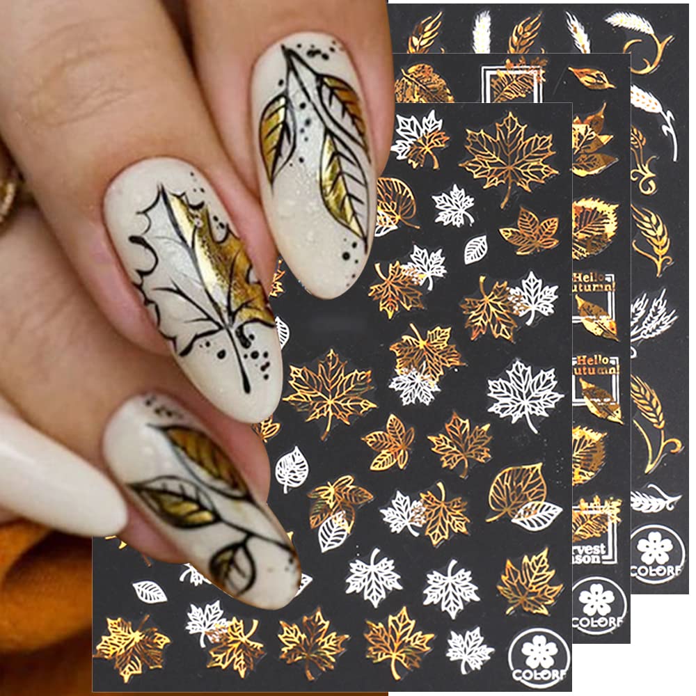 Autumn Leaves Nail Decals - Gold Maple Leaf Nail Art Stickers, 3D Self-Adhesive Fall Nail Stickers for Women DIY Nail Art, 9 Sheets/Set - Perfect for Halloween, Thanksgiving, and Autumn Nail Designs