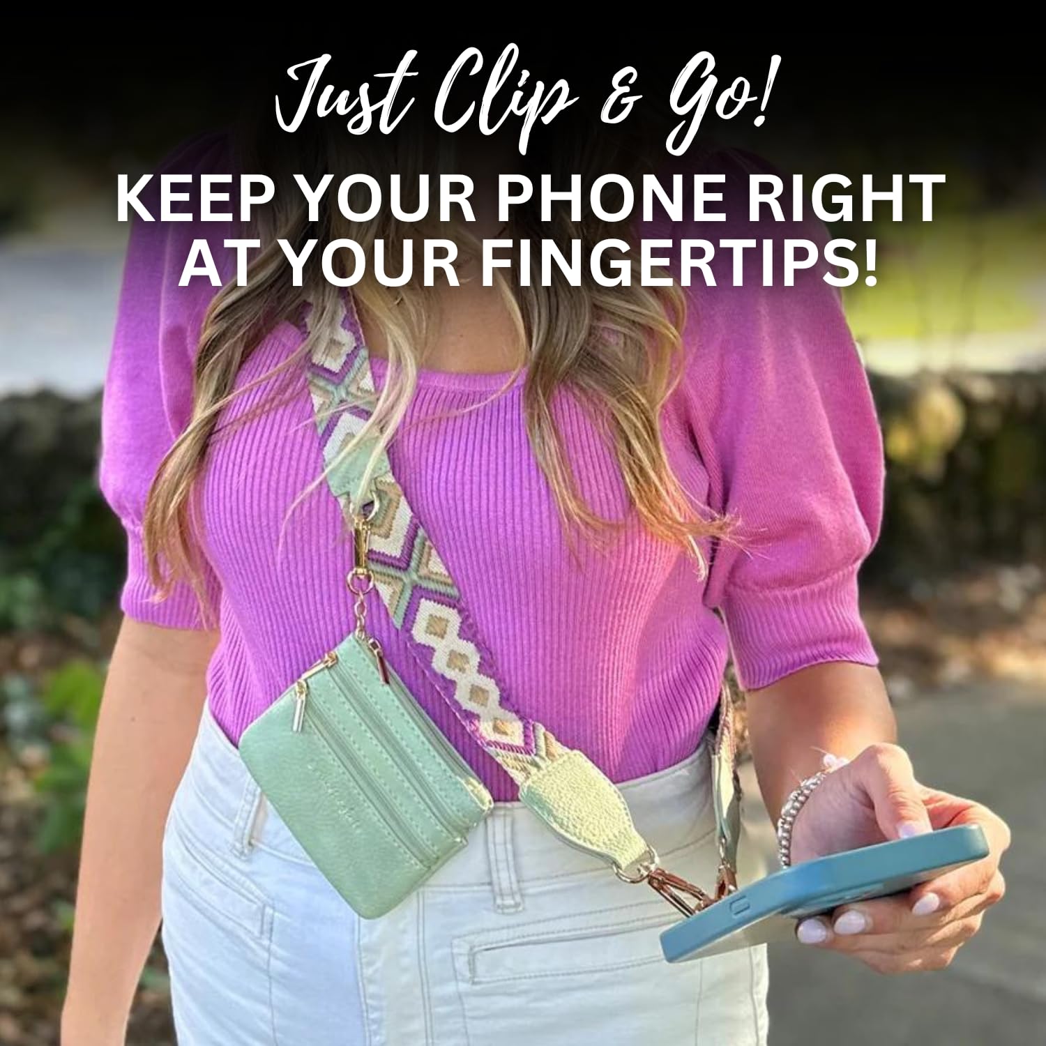 Original Clip and Go Phone Strap (Green/Purple Pattern) - Crossbody Phone Lanyard with Zipper Wallet Pouch - Hands-Free Phone Holder for Travel, Shopping, and Outdoor Activities