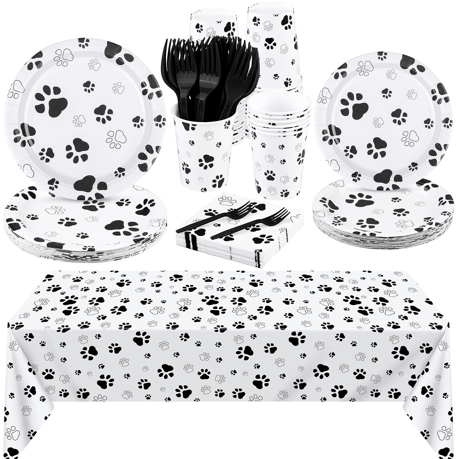 121-Piece Black Paw Print Dog Birthday Party Supplies Set - Tablecloth, Plates, Napkins, Forks & Paper Cups for Puppy Theme Decorations | Perfect for Dog Birthday Parties, Pet Adoption Events & Animal Shelter Fundraisers