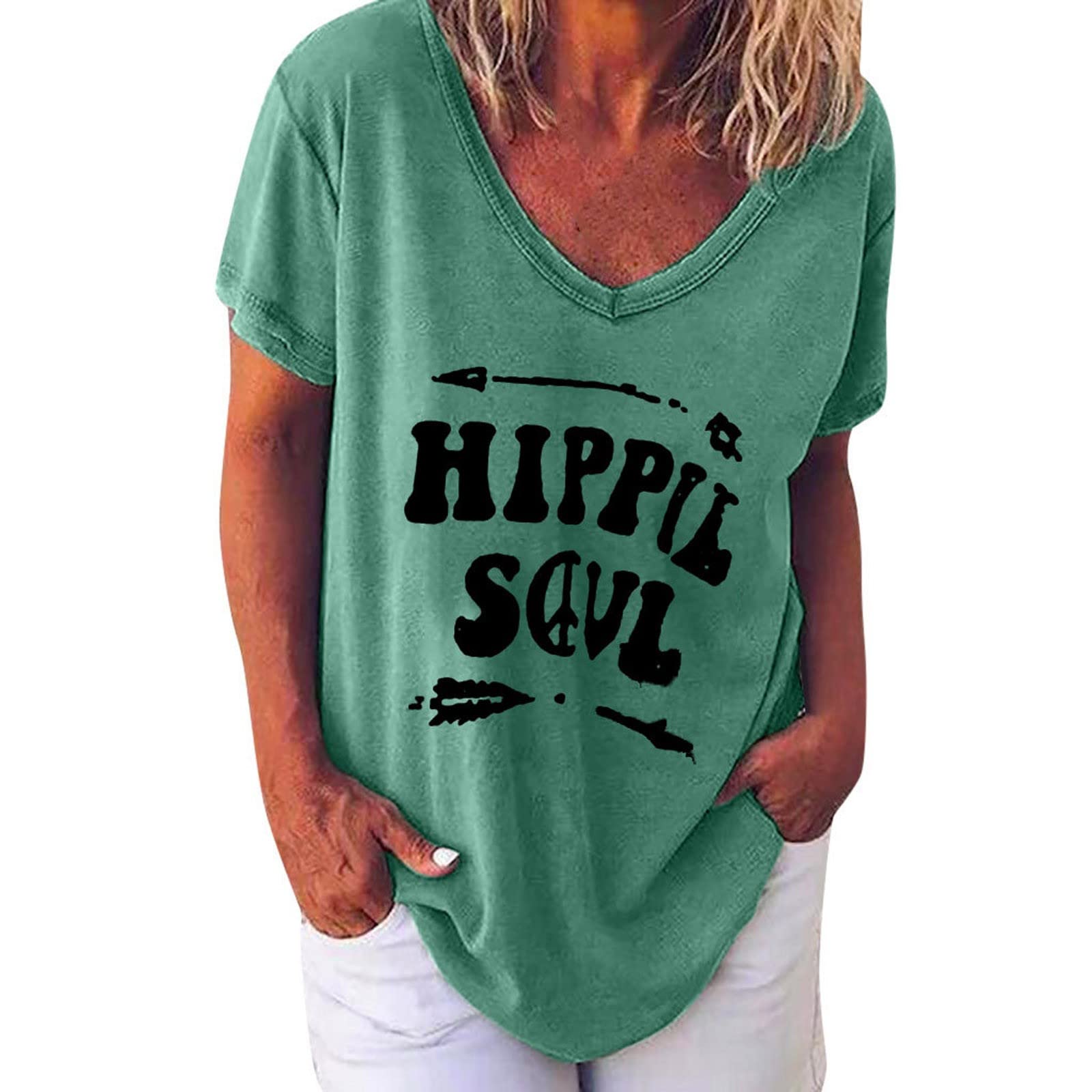 UODSVP Women's Casual Summer V-Neck Short Sleeve T-Shirt - Flowy Loose Fit Printed Blouse for Beach, Travel & Everyday Wear