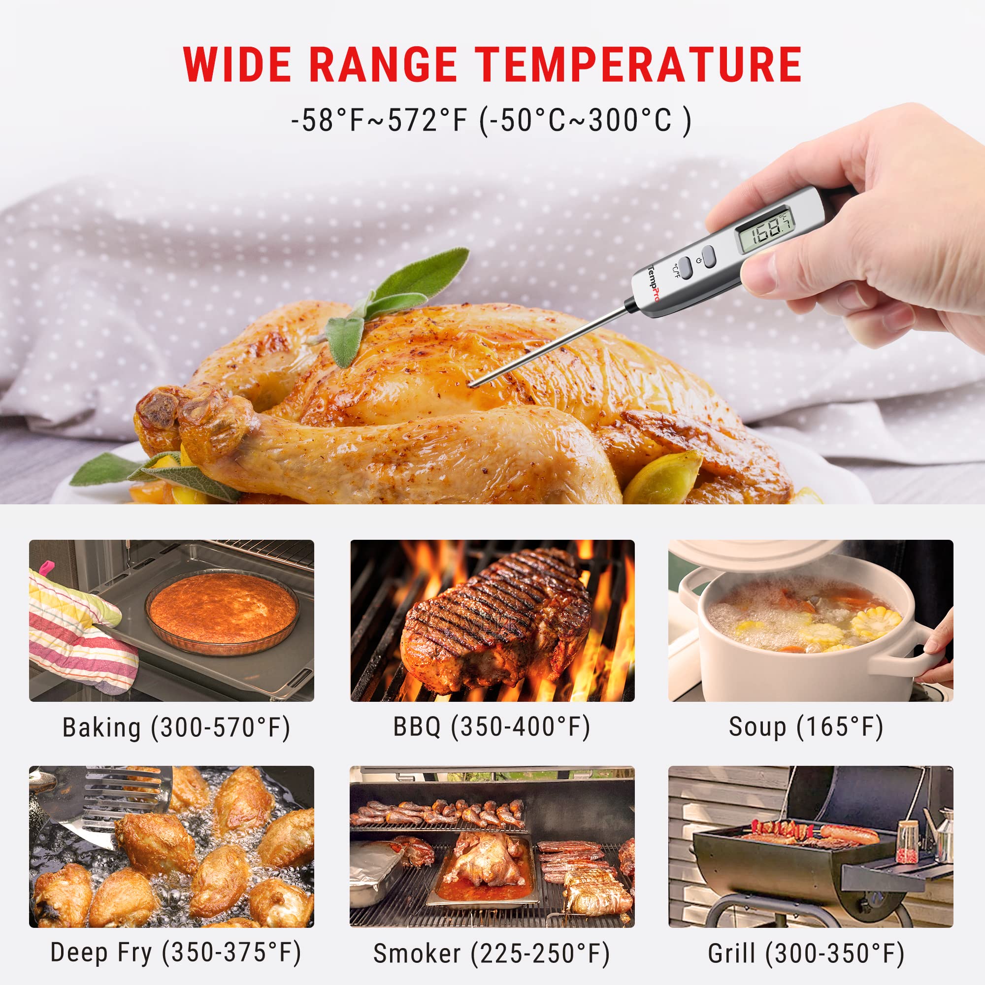 Digital Meat Thermometer with Long Probe - Instant Read Cooking Thermometer for BBQ, Grilling, Smoking, Oven & Deep Frying - Accurate Kitchen Food Thermometer for Meat, Candy & Baking (Silver) | Perfect for Home Chefs, Outdoor Cooking & Professional Kitchens