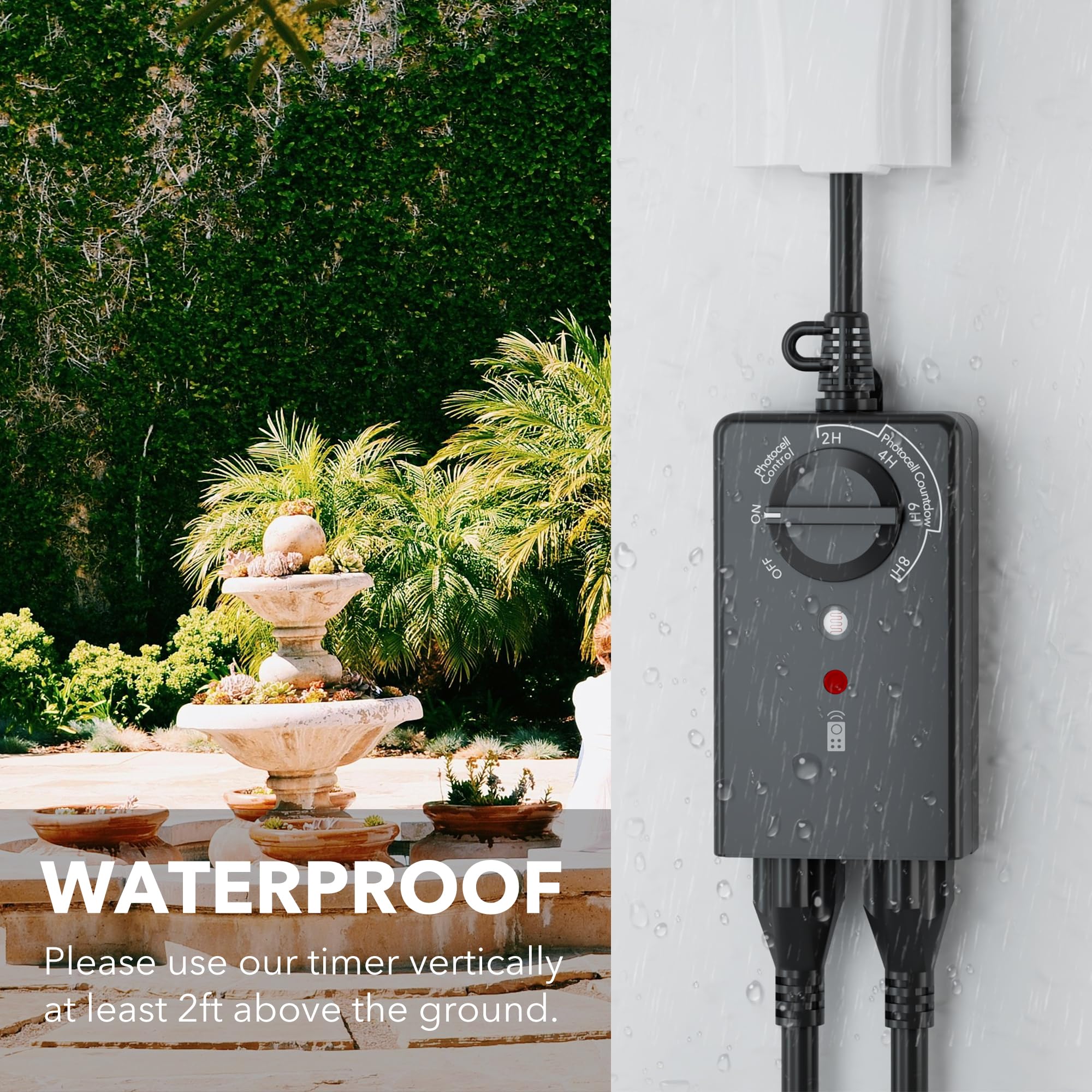 BN-LINK Outdoor Light Timer Waterproof 15A - 24-Hour Programmable Plug-in Timer with Countdown Function (2/4/6/8 Hours) - 100ft Remote Control & 2 Grounded Outlets - ETL Certified for Home, Garden, Patio & Landscape Lighting Automation