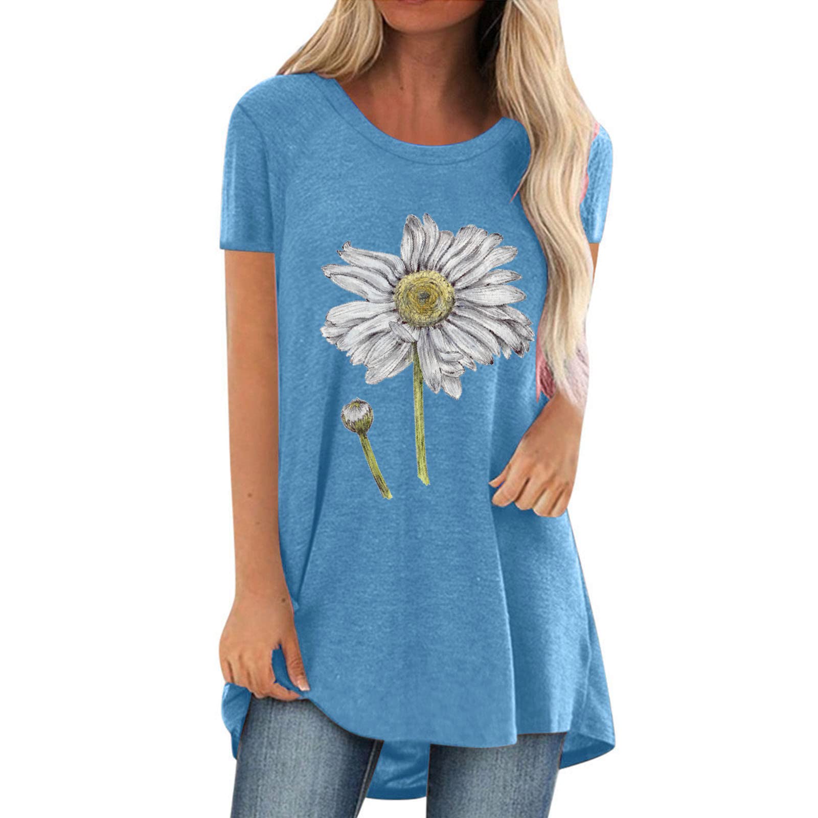 Women's Summer Long T-Shirts - Floral Print Tunic Tops with Short Sleeve & Crewneck | Loose Fit Casual Tees for Beach, Vacation & Everyday Wear