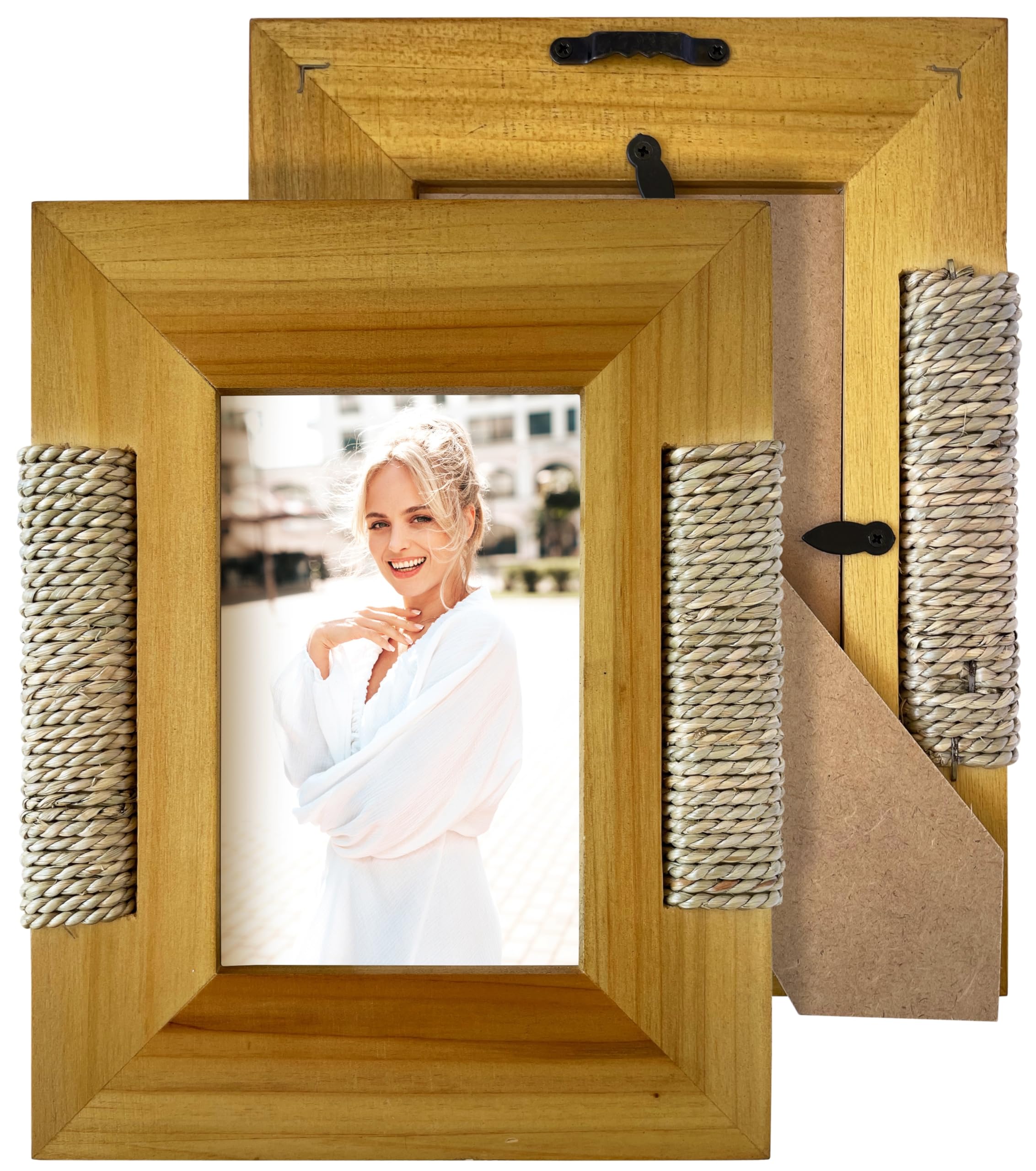 4x6 Inch Wood and Rattan Picture Frame - Natural Boho Style Photo Frame with Coastal Decor Accents - Golden Warm-Toned Unique Design for Wall Art, Bedroom & Living Room Decor