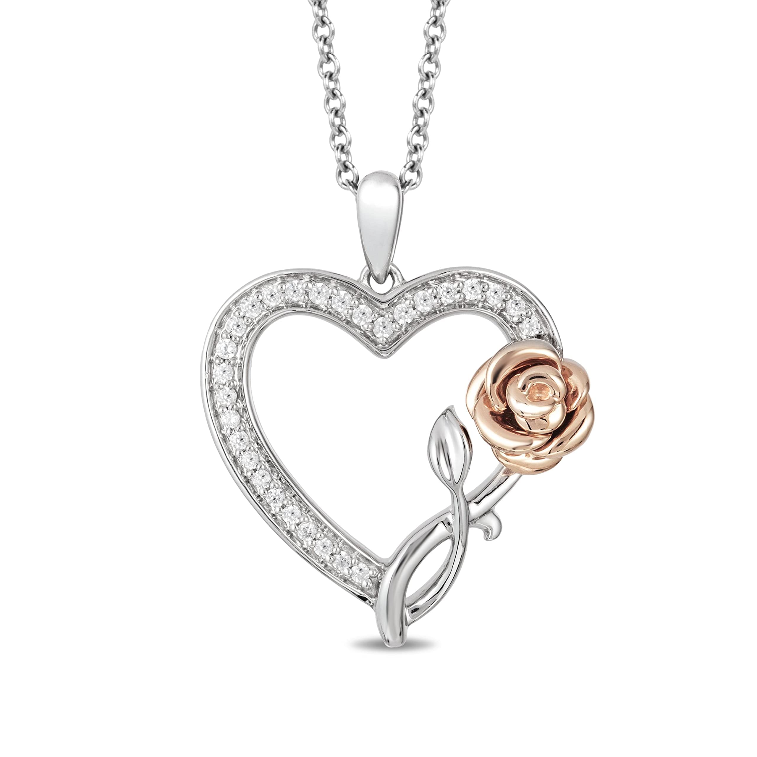 Enchanted Disney Belle Rose Heart Pendant - 10K Rose Gold & Sterling Silver with 1/6 CTTW Diamonds | Fine Jewelry Gift for Women | Perfect for Anniversaries, Birthdays & Special Occasions