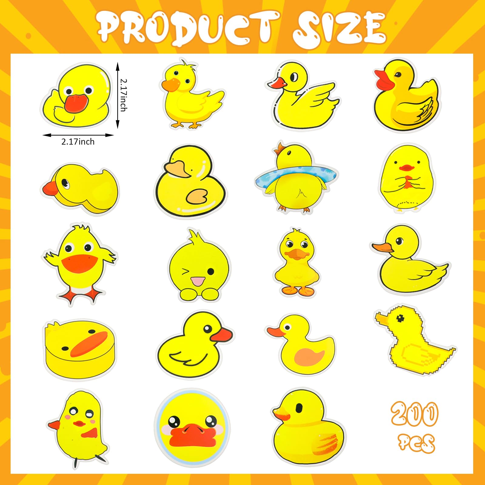 Sabary 200 Pcs Bulk Waterproof Duck Stickers - Cute Yellow Vinyl Decals for Water Bottles, Laptops, Luggage, Phones, Skateboards & Refrigerators | Perfect for Teens, DIY Crafts & Home Decor
