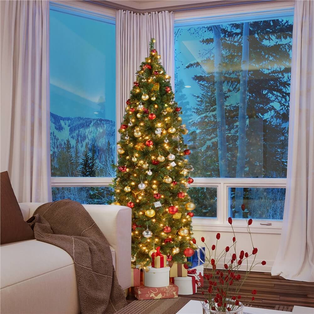 Yaheetech 6Ft Pre-Lit Artificial Christmas Tree with 250 Warm White LED Lights - Flocked Snowy Pine Xmas Tree for Home, Office & Holiday Decorations