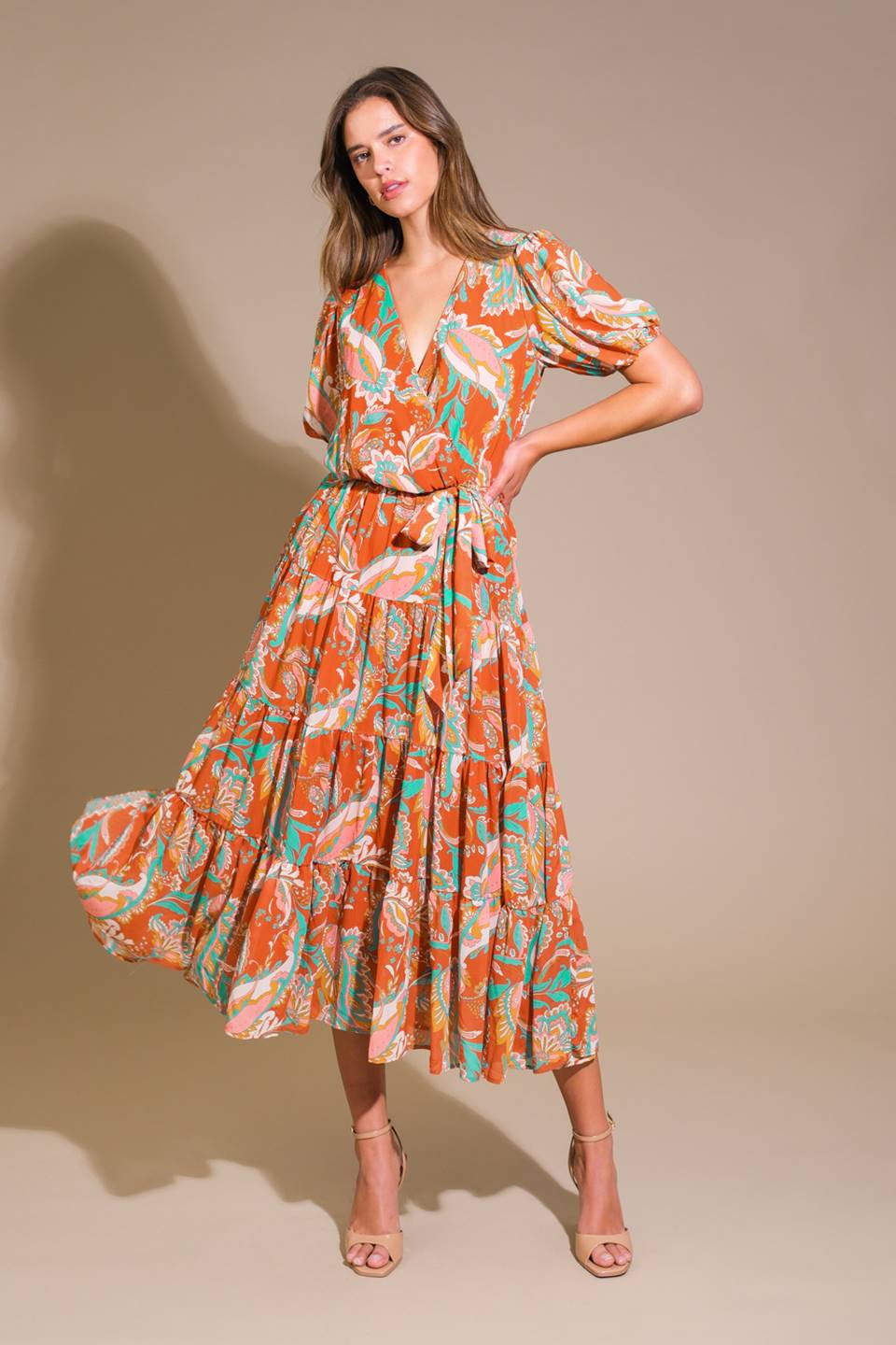 Stylish Rust Woven Midi Dress - Flattering A-Line Summer Dress for Women | Perfect for Beach Vacations, Date Nights & Office Wear