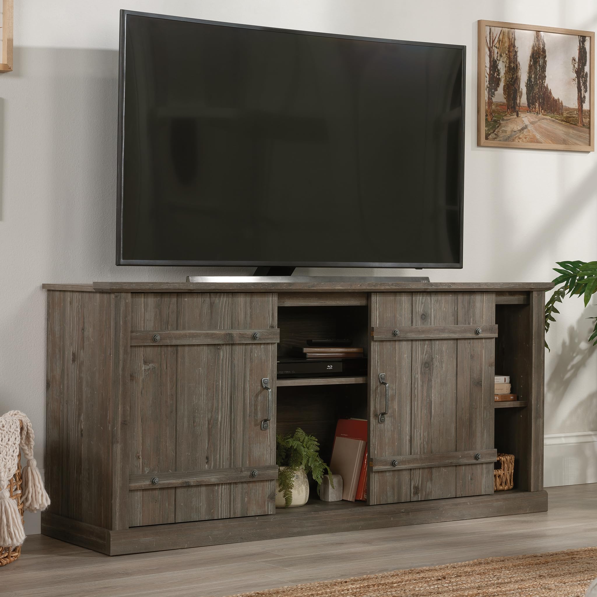 Sauder Entertainment Credenza TV Stand with Storage - Pebble Pine Finish for Living Room, Bedroom, or Home Theater