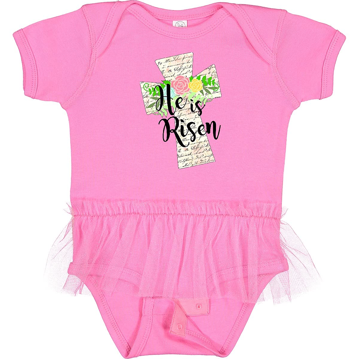 Inktastic He is Risen Cross with Script and Flowers Baby Bodysuit - Easter Outfit for Infants, Baptism Gift, Church Wear, Spring Photoshoot