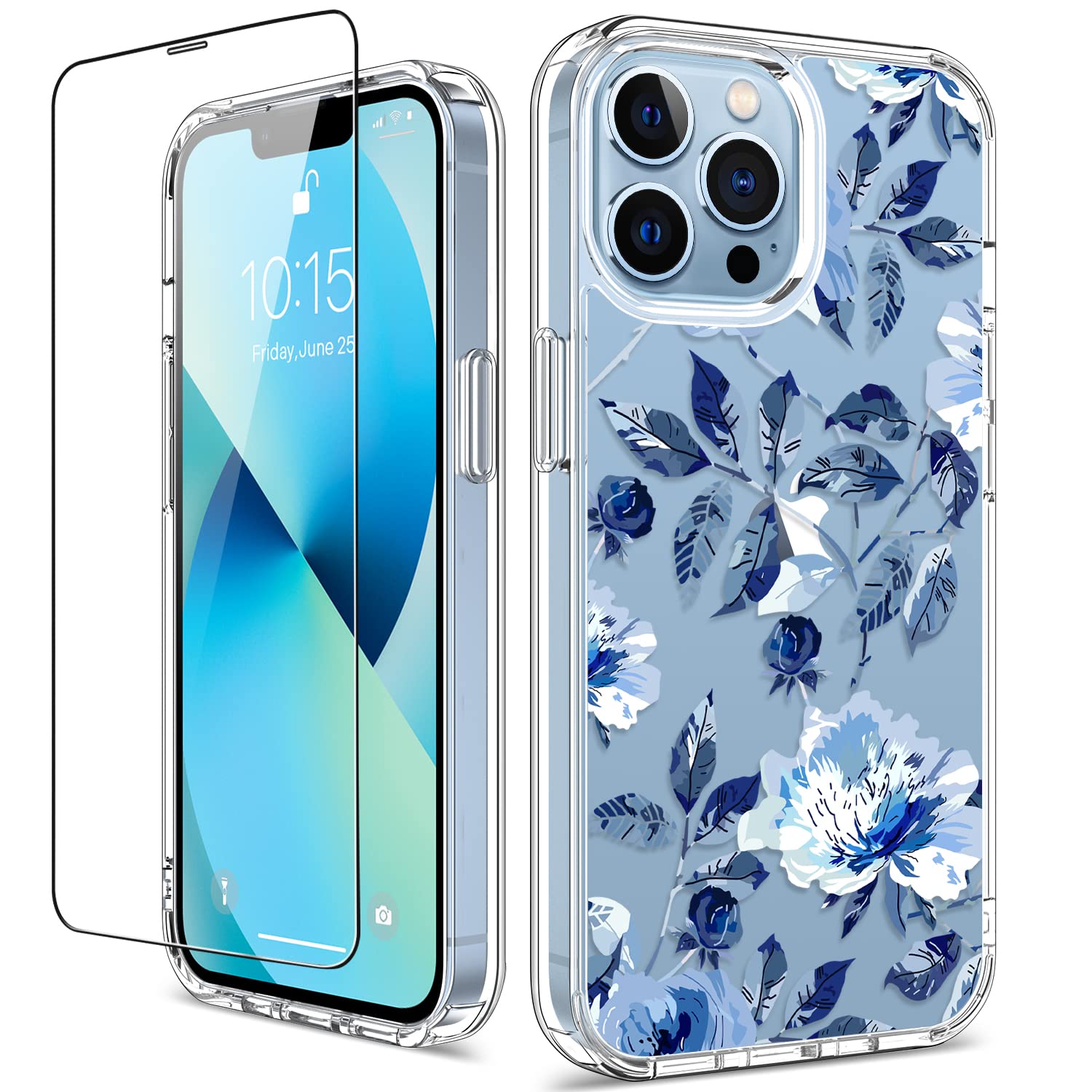GiiKa iPhone 13 Pro Max Case with Screen Protector - 6.7 Inch Clear Shockproof Protective Phone Cover for Women, Floral Design Hard Case with TPU Bumper (Blue Flowers) - Perfect for Everyday Use, Work & Travel Protection