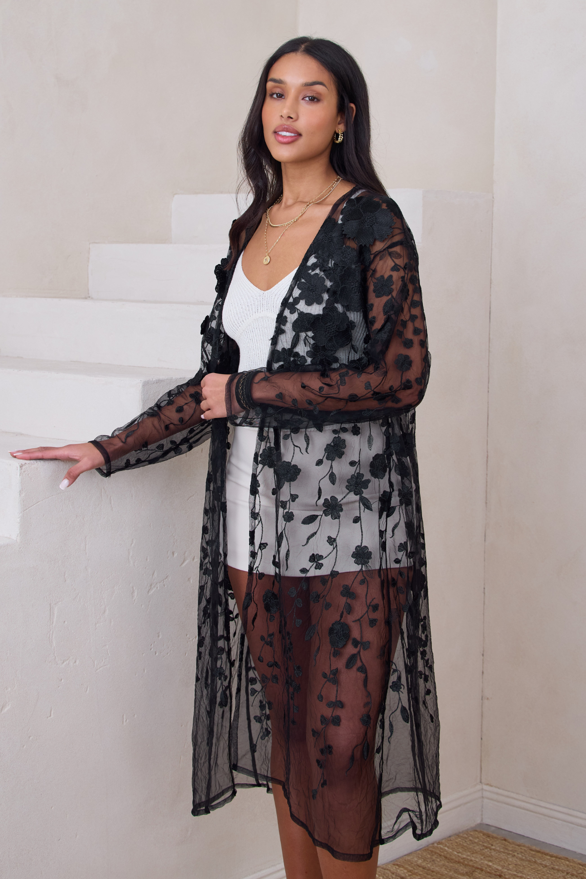 Elegant Sheer Floral Duster Kimono - Lightweight Lace Cover Up for Women - Perfect for Beach, Pool, or Summer Outfits