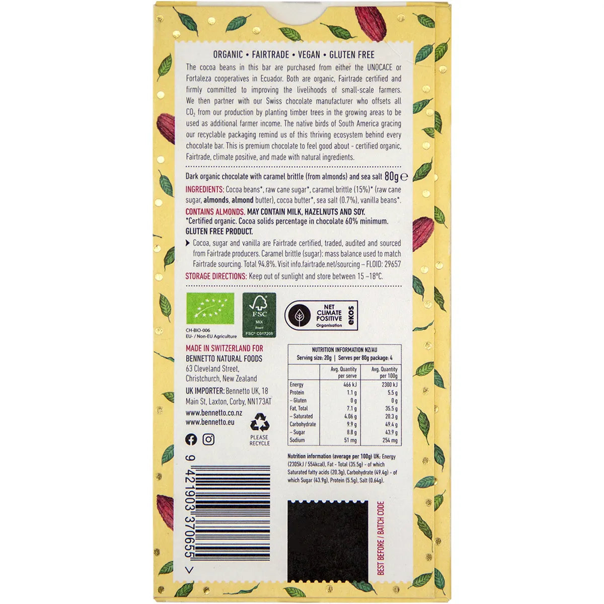 Bennetto Organic Dark Chocolate Bar 80g - Salted Caramel Flavor | Vegan, Gluten-Free | Perfect for Gifts, Snacking & Desserts