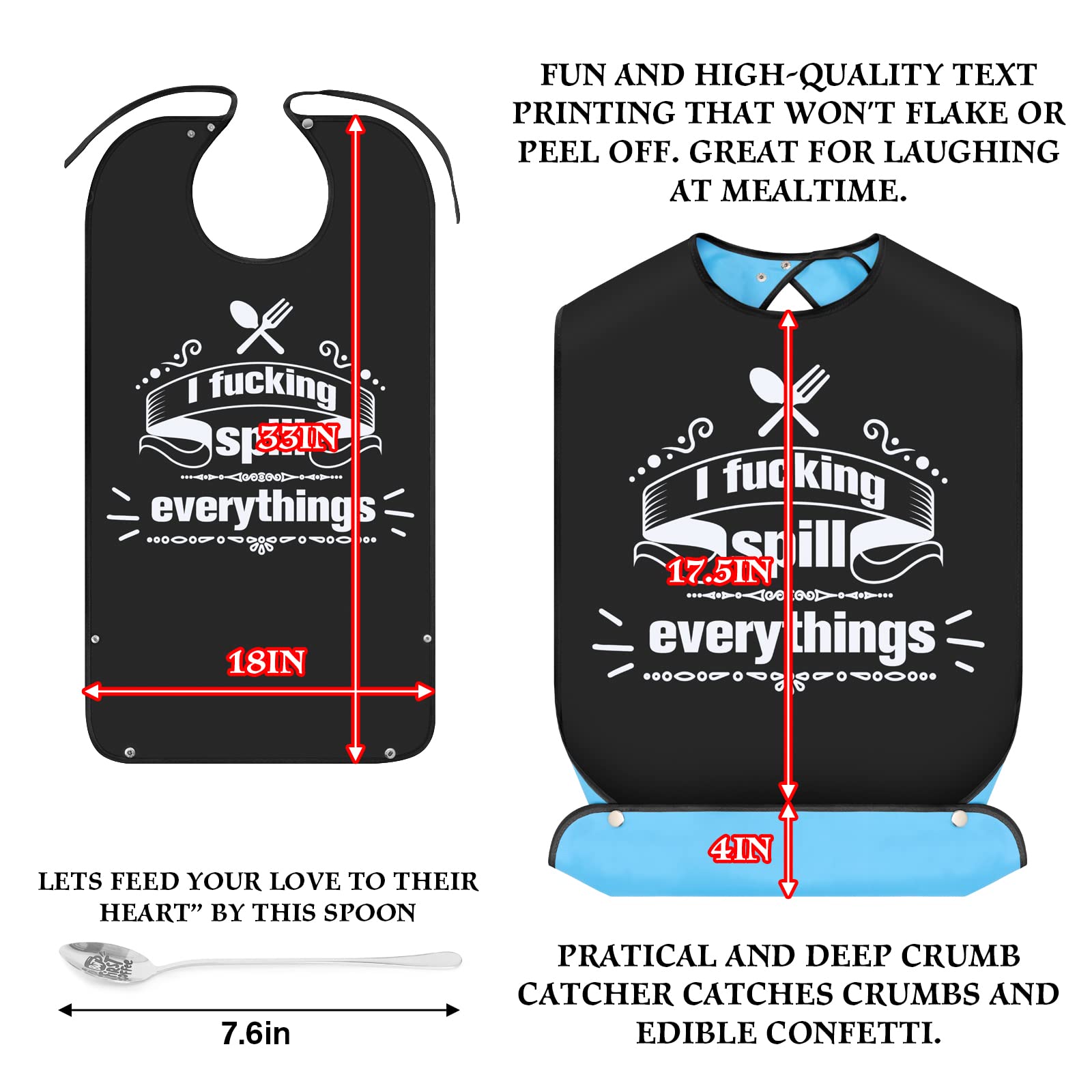 Funny Adult Bibs for Men & Women - Crumb Catcher & Coffee Spoon - Elderly Eating Clothing Protectors - Great Gag Gift for Parties & Mealtime (Red)