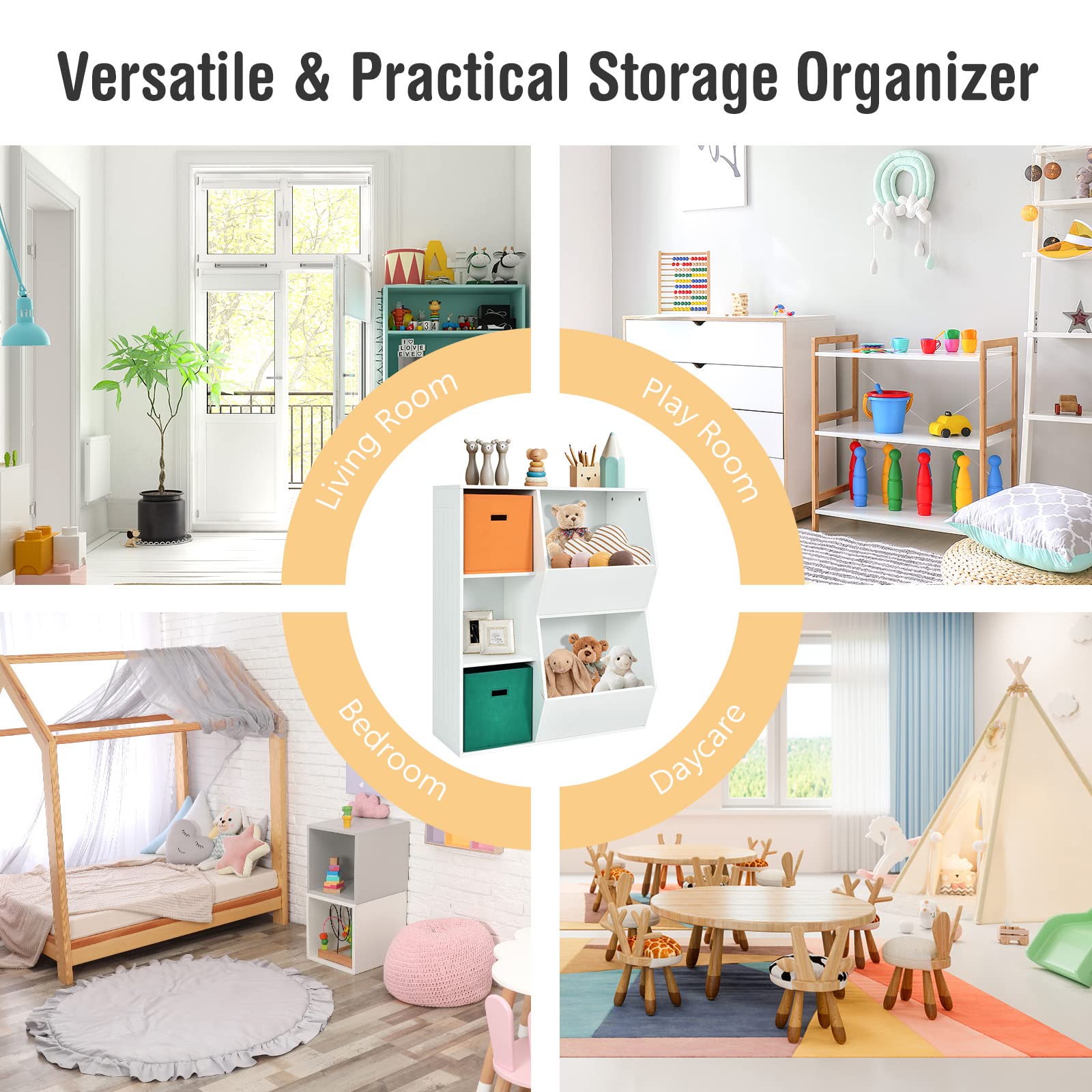 Costzon 5-Cubby Wooden Toy Storage Organizer with Bookcase & Bins - Kids Bookshelf & Toy Cabinet for Toddlers - Nursery, Playroom, Daycare & Living Room Storage Solution (White) - Perfect for Organizing Toys, Books & Kids' Essentials in Bedrooms & Classrooms