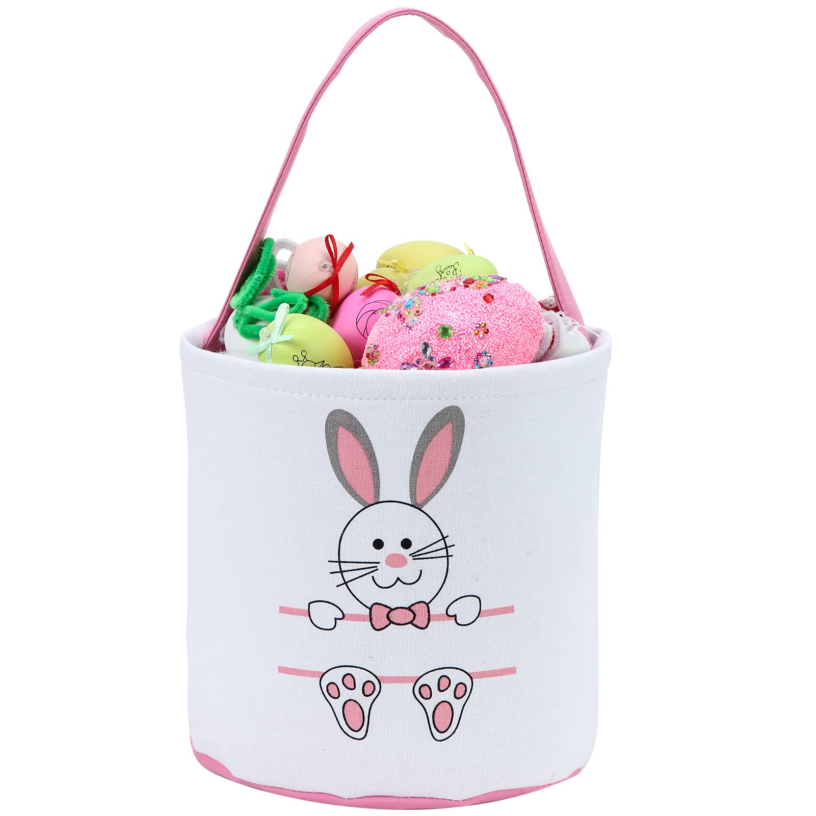 Easter Bunny Basket Egg Bags for Kids - Personalized Canvas Cotton Candy Egg Basket with Rabbit Print & Fluffy Tail - Perfect for Easter Egg Hunts, Party Favors, and Spring Gift Giving