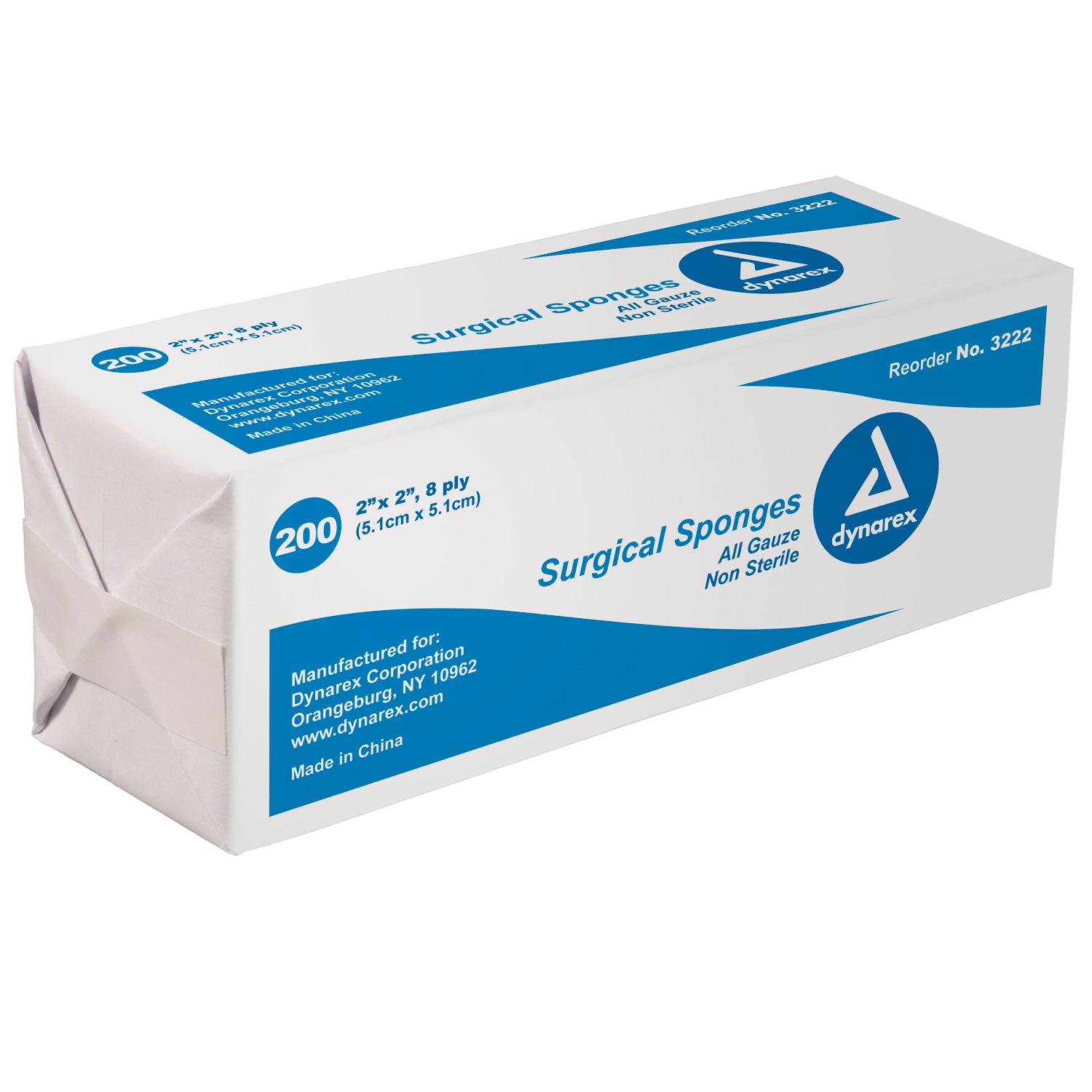 Dynarex 3222 Non-Sterile 8-Ply Cotton Gauze Sponges 2x2 Inch (Box of 200) - First Aid Wound Dressing for Medical & Home Use