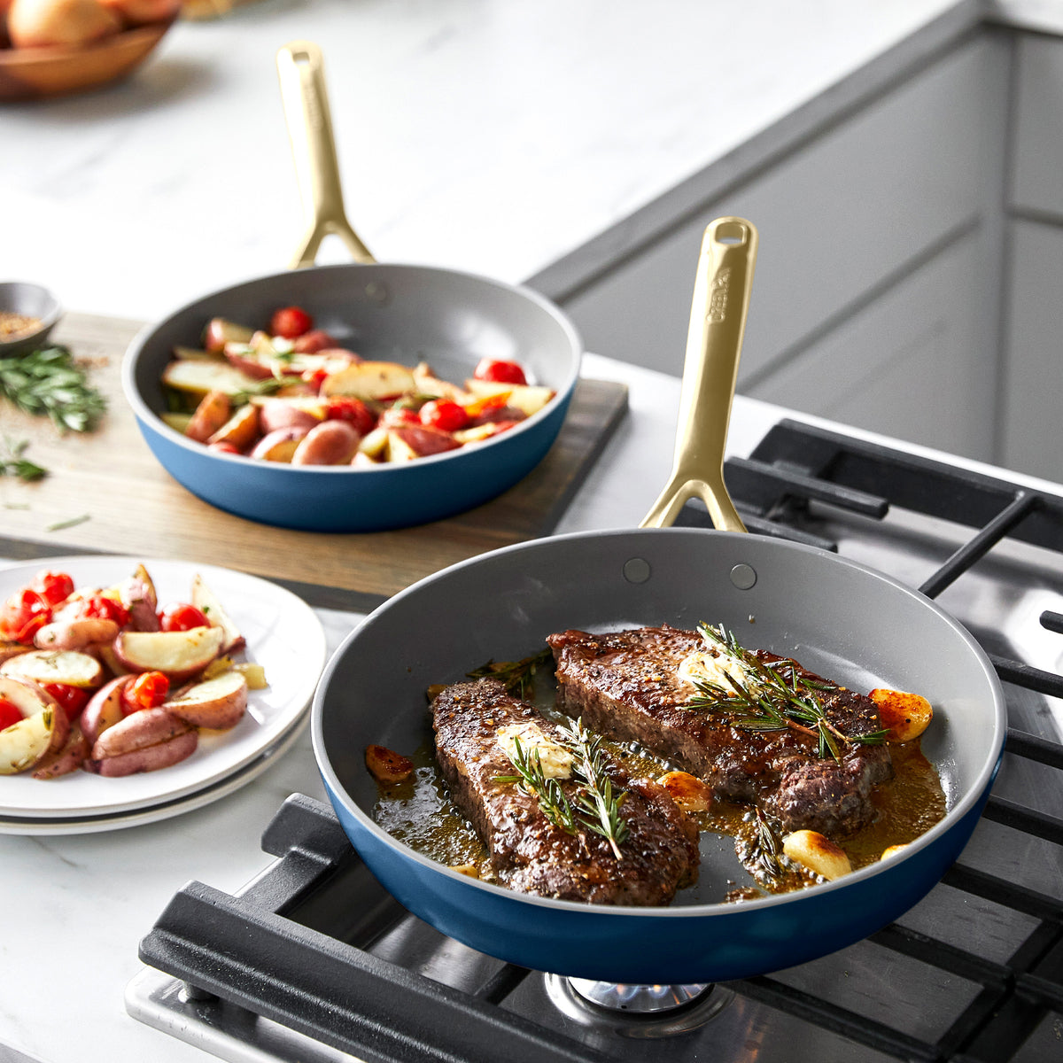Premium GP5 Colors Ceramic Nonstick 11-Piece Cookware Set with Champagne Gold Handles | Marine Blue | Oven & Dishwasher Safe for Everyday Cooking & Entertaining
