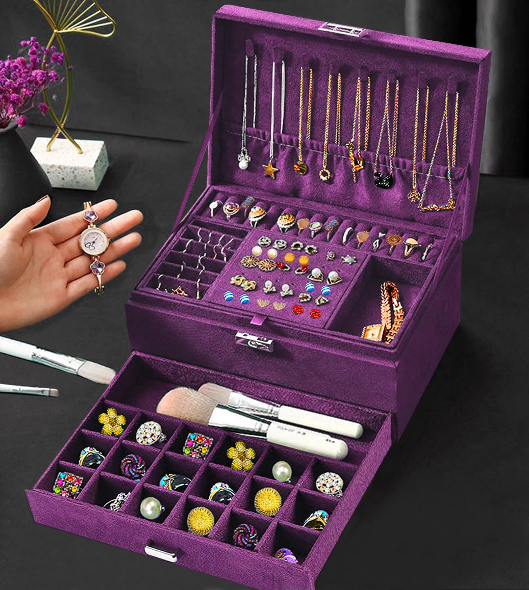 Elegant Purple Velvet Jewelry Box with Lock - Women's Jewelry Organizer for Necklaces, Earrings, Rings & Bracelets | Perfect for Teen Girls' Jewelry Storage & Gift Giving | Ideal for Bedroom, Vanity & Travel Use
