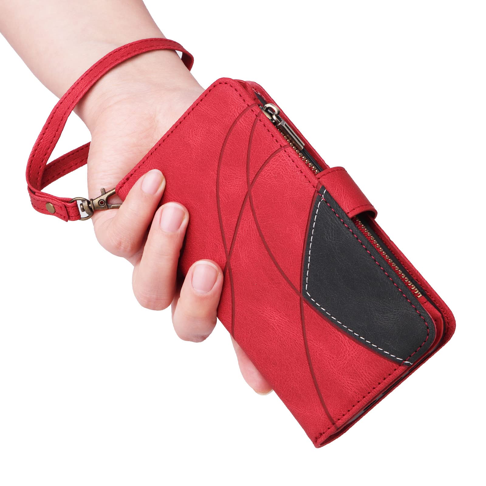 XYZ PU Leather Flip Wallet Case for OnePlus Nord N20 5G & Oppo A96 5G - Zipper Purse Phone Cover with 9 Card Slots & Wrist Strap (Red) | Perfect for Travel, Shopping & Everyday Use