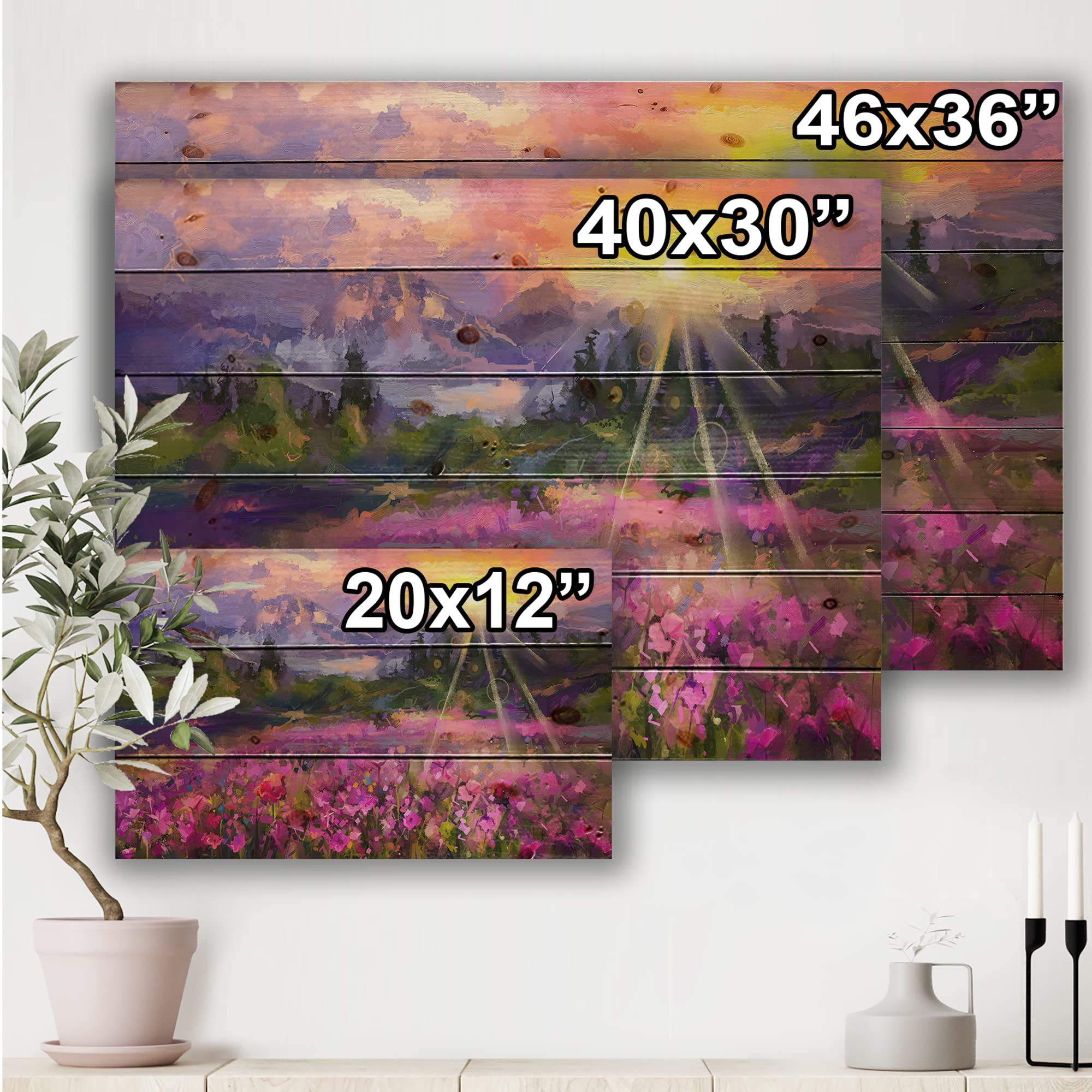 Purple Cosmos Flowers Mountainscape Farmhouse Wood Wall Decor - Large Landscape Pine Wood Art Panel for Living Room, Bedroom & Office