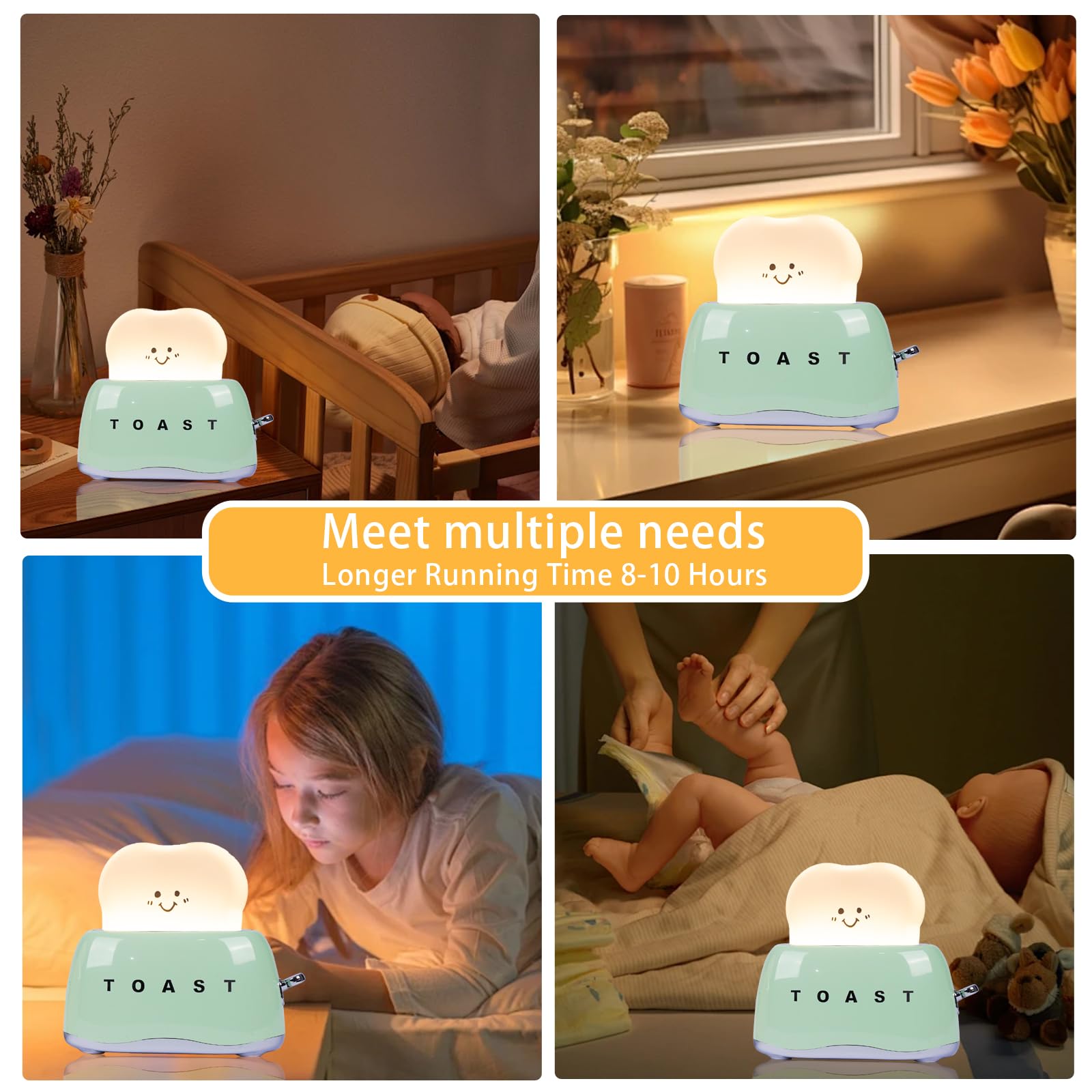 Cute Toast Lamp - Battery Powered Night Light for Kids, Rechargeable Desk Lamp with Adjustable Brightness, Kawaii Decor for Girls Bedroom - Perfect for Bedtime, Nursery, and Playroom Lighting