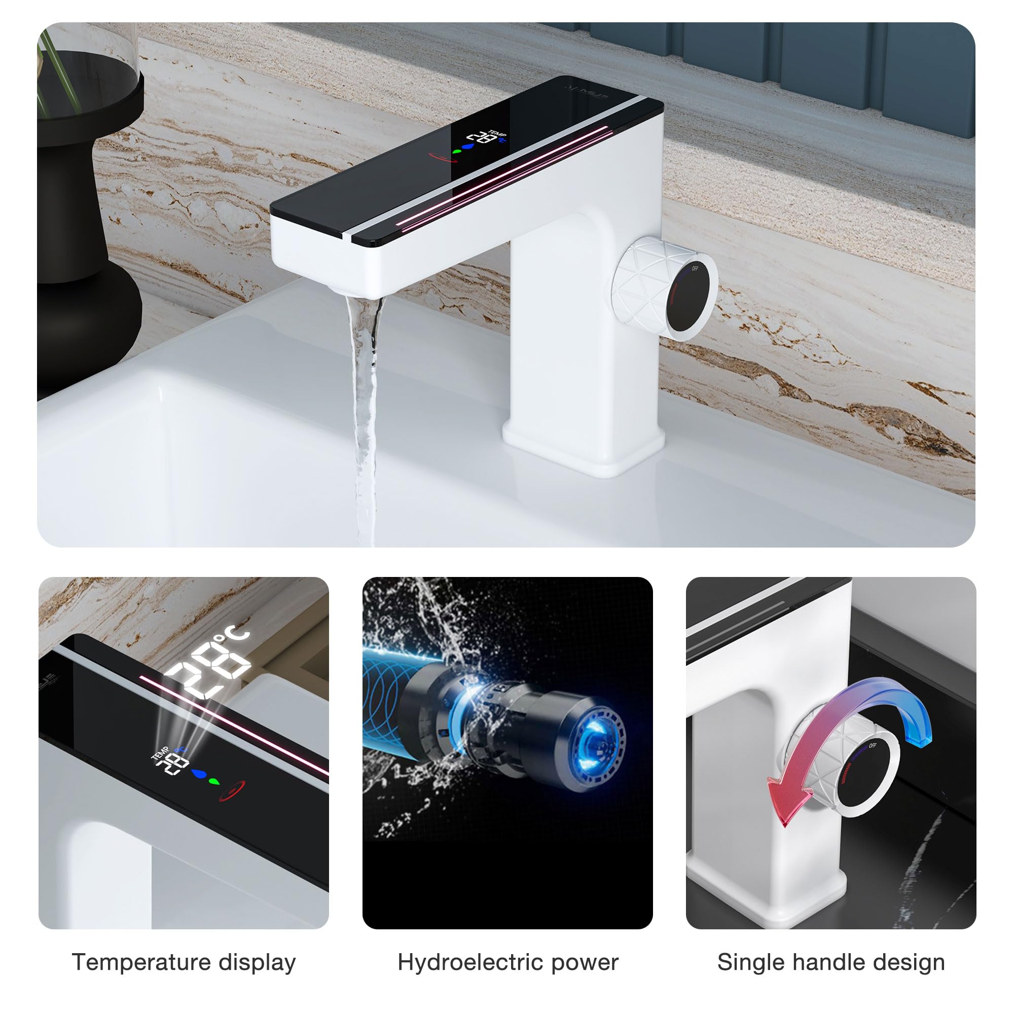 MEJE LED Bathroom Sink Faucet with Digital Temperature Display - Single Handle Brass Lavatory Faucet in Elegant White - Perfect for Modern Bathrooms, Powder Rooms & Spa-Like Vanities