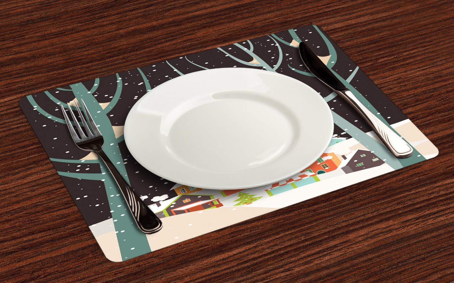 Ambesonne Christmas Place Mats Set of 4 - Winter Snow Village with Santa & Deer Silhouette Under Full Moon - Washable Fabric Table Mats for Dining Room & Kitchen Decor (Multicolor) - Perfect for Holiday Dinners, Christmas Parties & Festive Home Decor