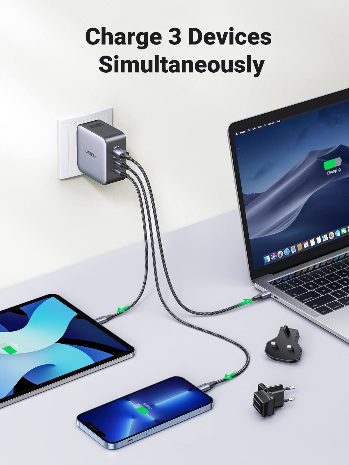 UGREEN Nexode 65W GaN Fast Charger with 3 USB-C Ports - Compact Travel Charger for iPhone, MacBook, Samsung - US/UK/EU Plug (Ideal for Business Trips & International Travel)