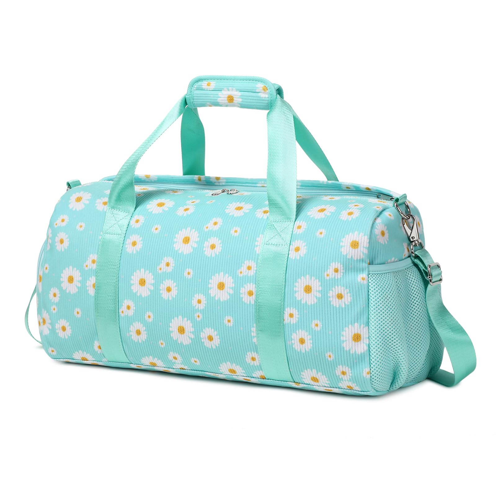 Corduroy Gym Bag for Women - Sports Duffle Ballet Dance Weekender Overnight Yoga Cheer Bag with Separate Wet/Dry Pocket & Shoe Compartment - Perfect for Gym, Travel & Dance Class (Green Daisy)