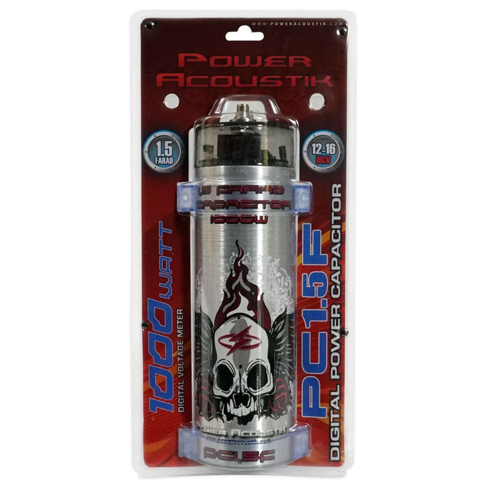 Power Acoustik PC1.5F 1000W 1.5 Farad Digital Car Audio Capacitor - Enhances Bass & Prevents Headlight Dimming for Car Stereo Systems