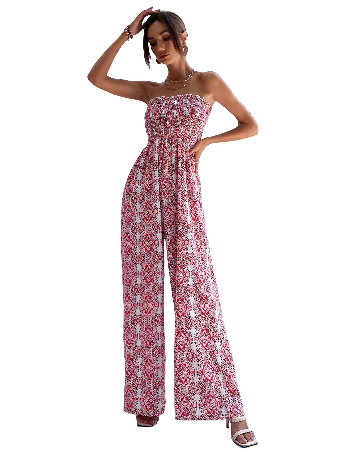 Stylish Women's Strapless High Waist Wide Leg Jumpsuit - Floral Allover Print Summer Romper for Beach, Vacation & Outdoor Parties