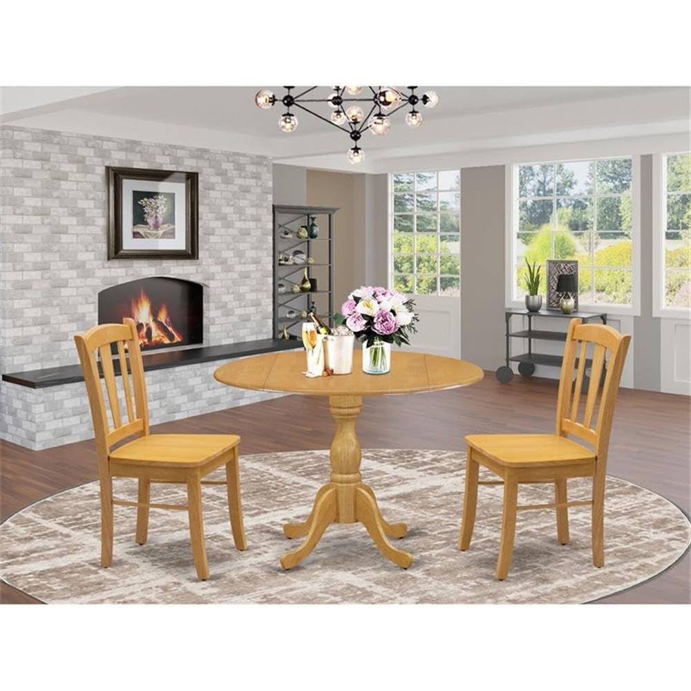 East West Furniture - 3-Piece Oak Dining Room Set with 2 Wooden Chairs & Drop-Leaf Round Table - Solid Wood Seats & Slatted Backs - Perfect for Small Spaces, Breakfast Nooks & Cozy Apartments
