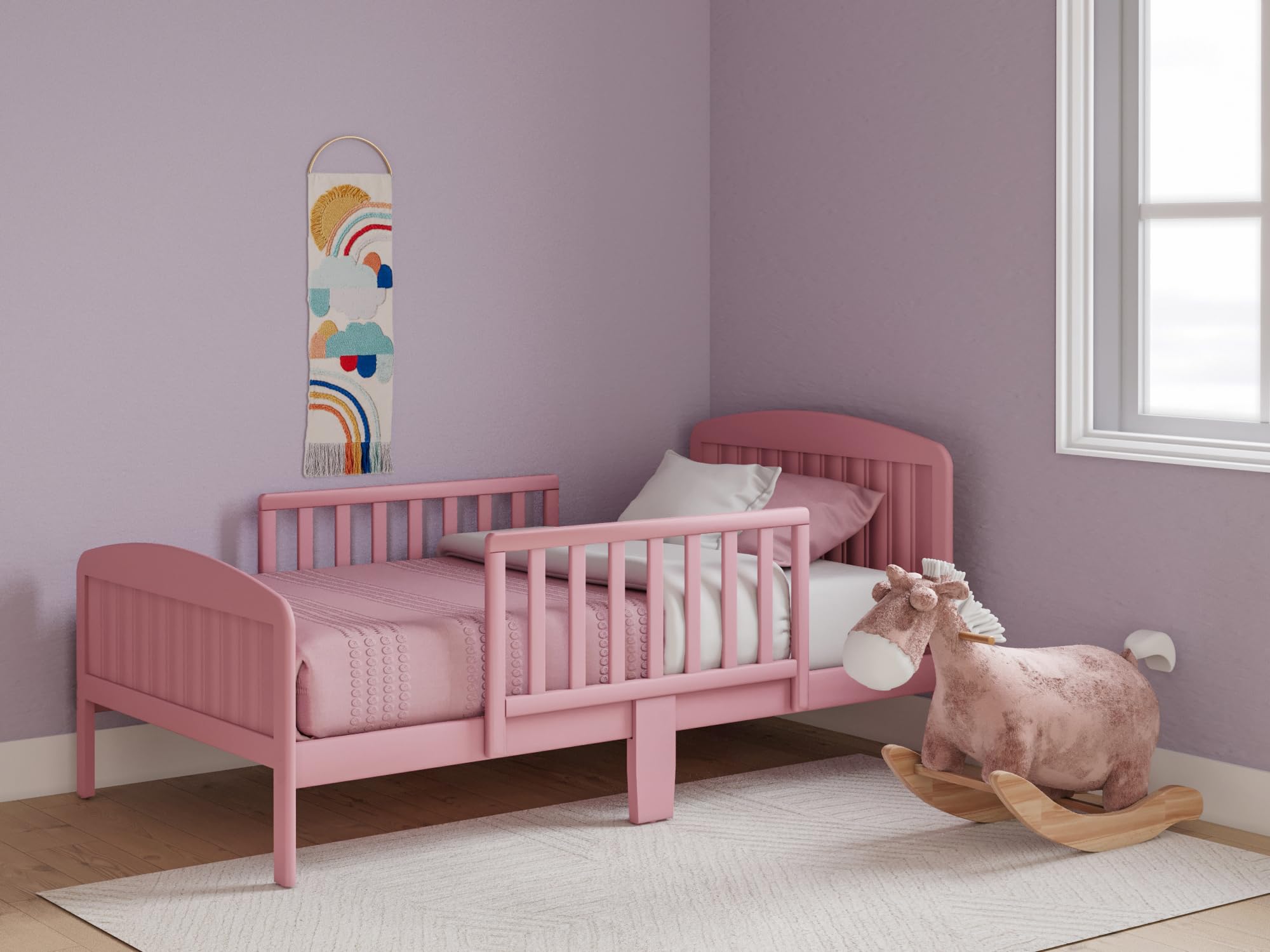 Harrisburg Toddler Bed - Solid Wood Modern Transitional Kids Bed with Side Rails & 2 Safety Guards | Fits Crib Mattress | Low Profile Design for Nursery & Children's Bedroom (Pink) - Perfect for Safe Sleep Transition from Crib to Big Kid Bed