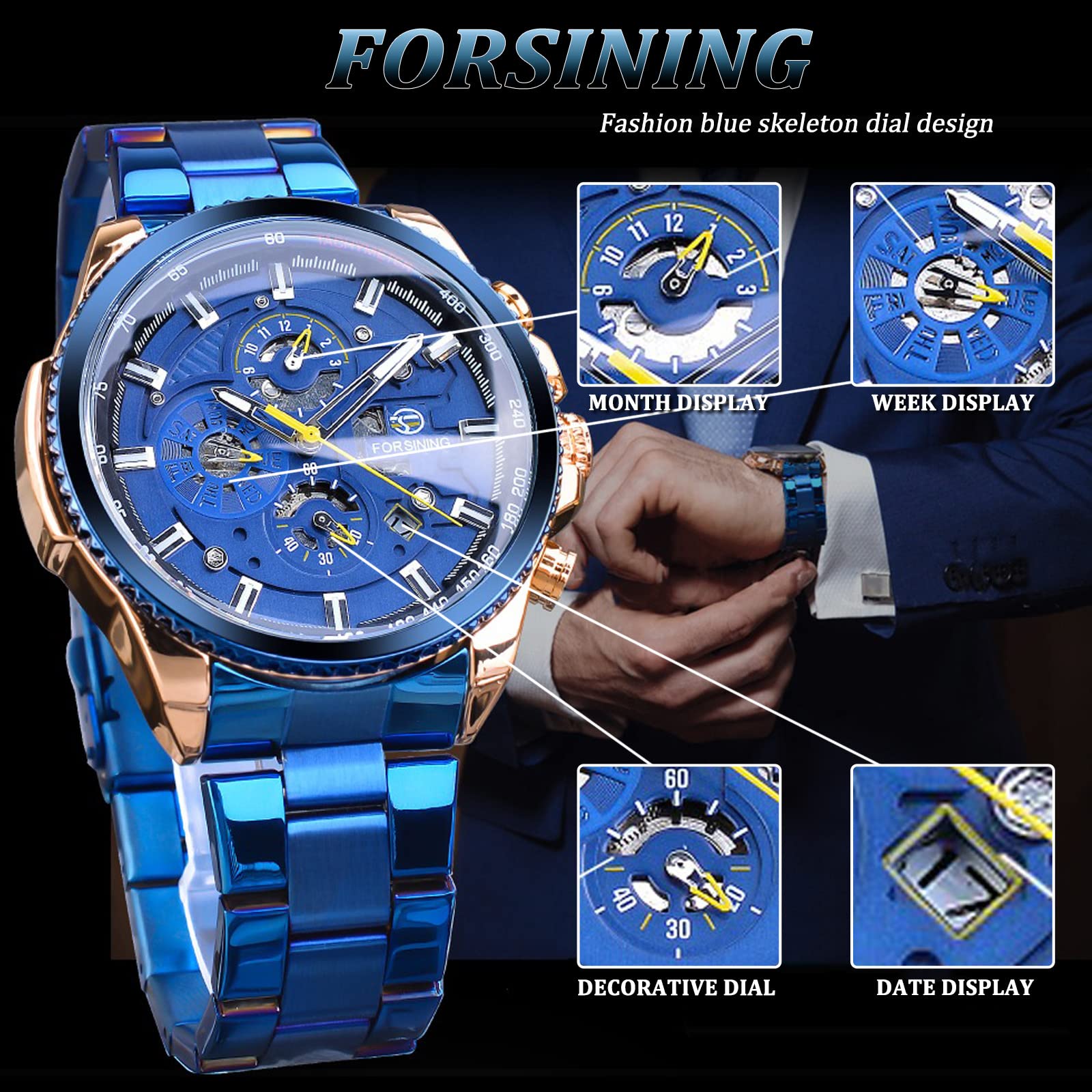 FORSINING Men's Automatic Self-Winding Mechanical Watch - Luxury Stainless Steel Case with Large Dial, Date, Month, Day, Stopwatch & Tachymeter - Perfect for Business, Formal Events & Everyday Wear